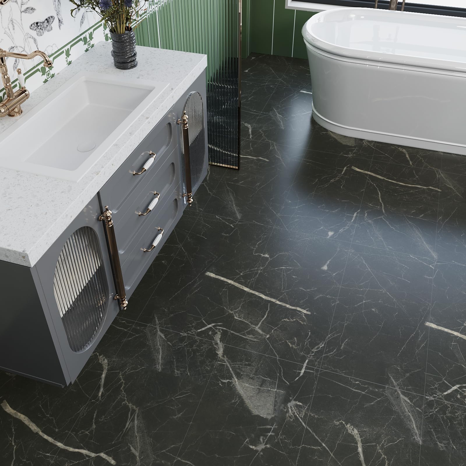 VEELIKE Piastrelle Adesive Cucina Marmo Nera Piastrelle Adesive Pavimento Bagno PVC Adesivo Pavimento Soggiorno Mattonelle Adesive Pavimento PVC Adesivo Effetto Marmo Spesso 1.5mm 60cm x 30cm 24 Pezzi