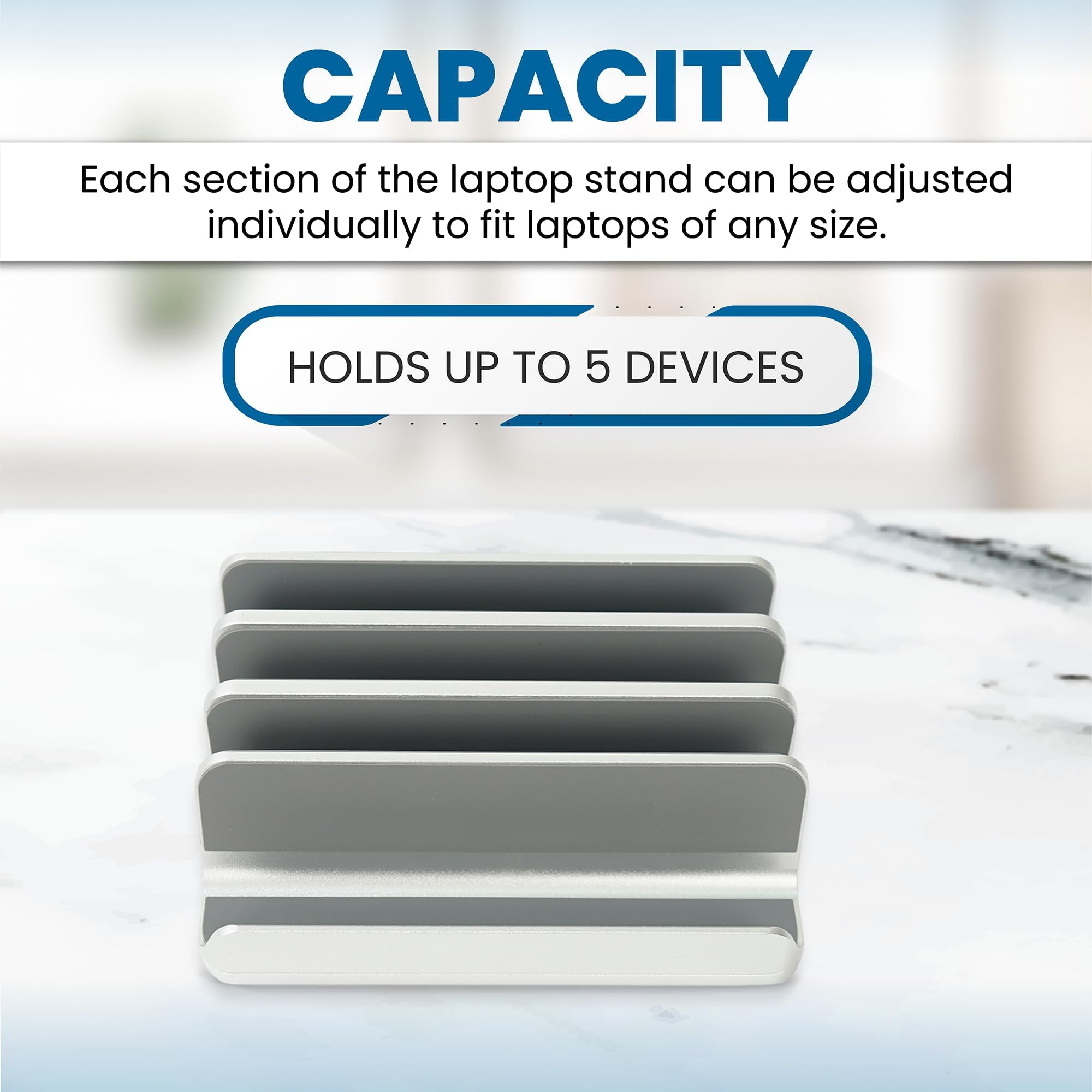 Soporte vertical ajustable para laptop, capacidad para 5 dispositivos, se adapta a todos los portátiles, tabletas y móviles de hasta 17.3 pulgadas, diseño vertical cerrado para uso en escritorio