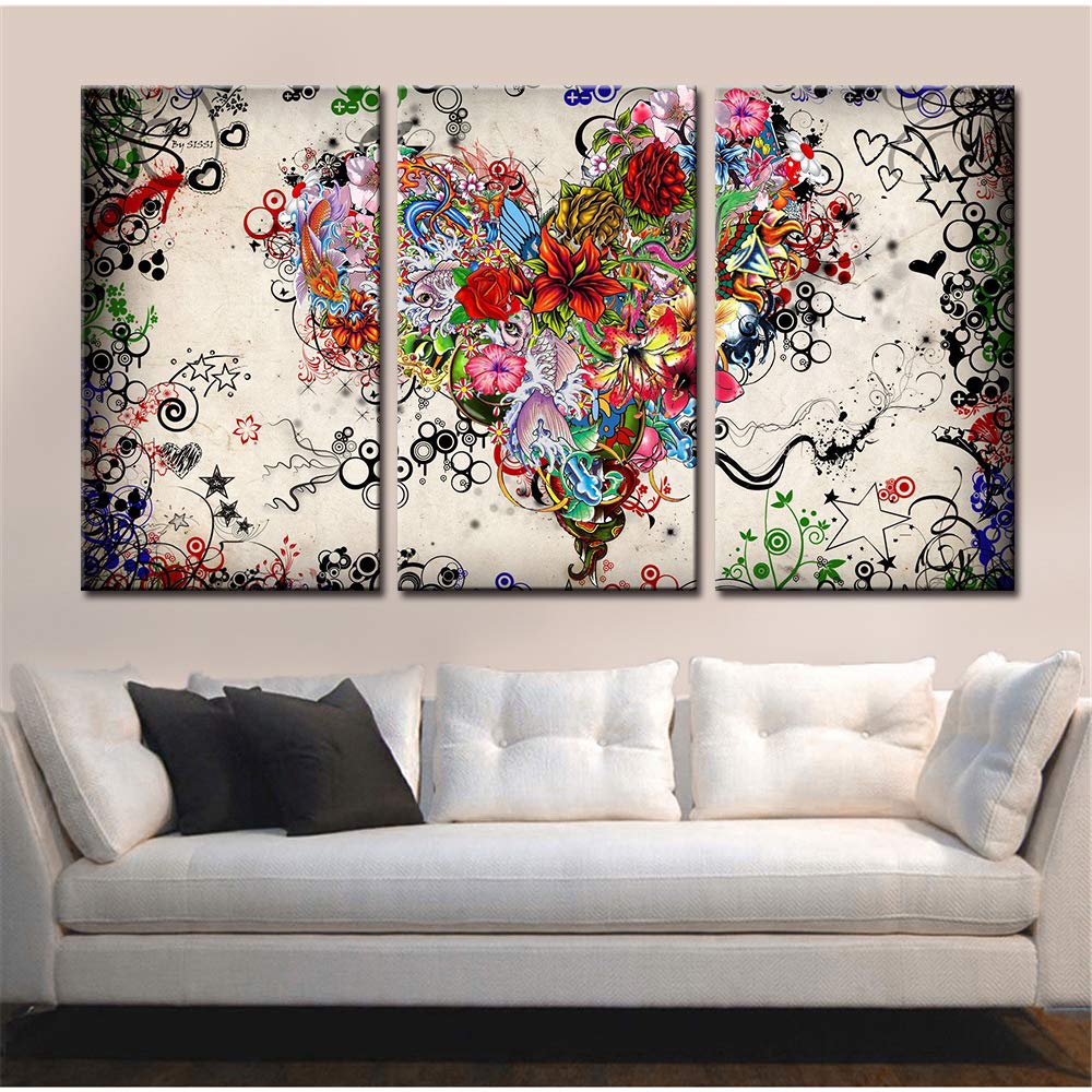 Tableau sur toile décoratif de salon triptyque mural fleurs cœur avec cadre moderne