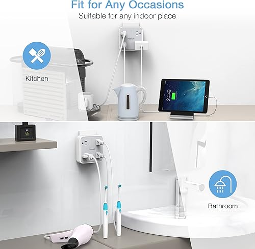 Miniatura 6 de TESSAN - Divisor de salida multienchufe, extensor de salida ampliamente espaciado con 4 CA, extensor de enchufe de pared con protector de