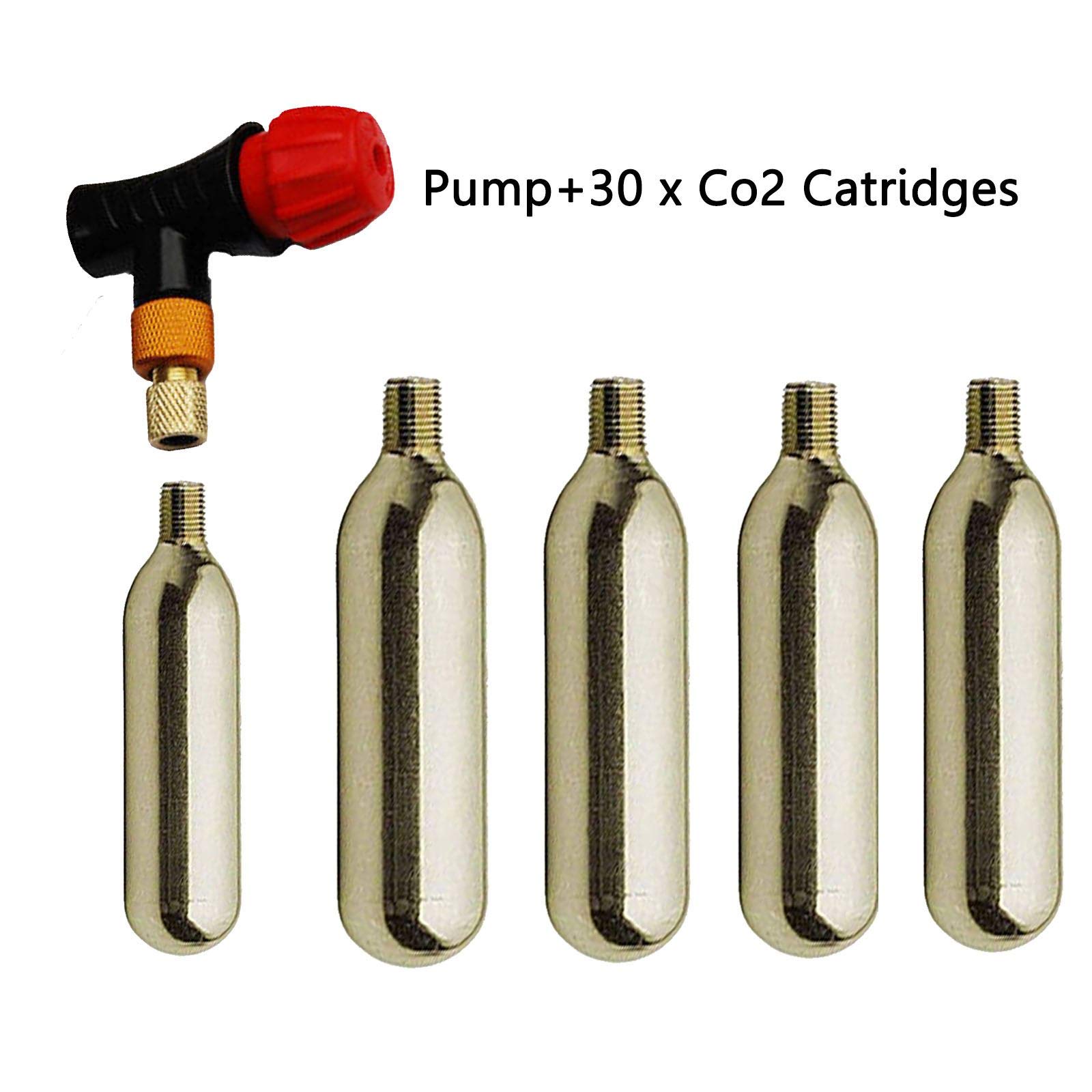 Laxzo ® CO2 Inflator Head Quick Lightweight Compatible with Presta Schrader Aluminum Valve for Balls/Road Mountain Bikes Tire Pump (Contain With 30 16g Threaded CO2 Cartridges)