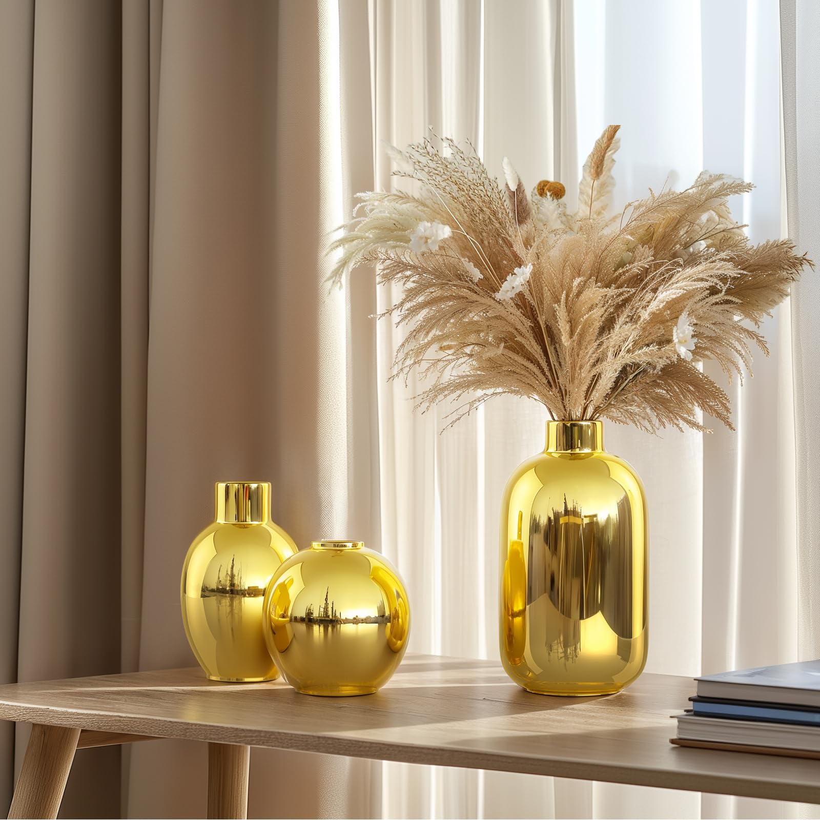 Set di 3 vasi in ceramica dorati lucidi, vasi decorativi moderni rotondi in oro per decorazione con erbe Pampas, camera da letto, ufficio, soggiorno, libreria, matrimonio, centrotavola per bagno