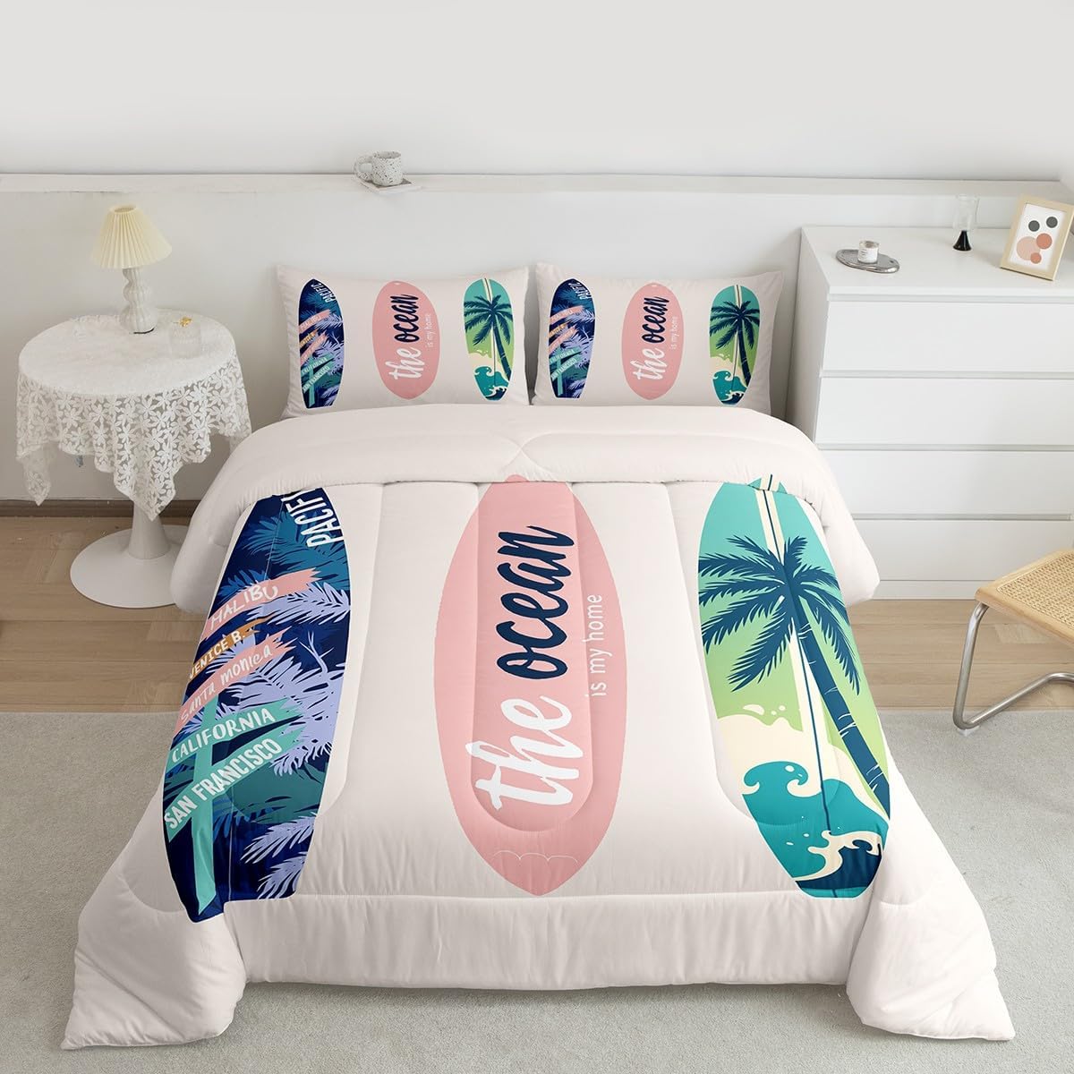 Homewish Surfboard Bedding Set Twin Size Summer Sea Surfing Theme Comforter Set 2pcs for Kids Boys Girls Ocean Theme Duvet Insert Luxury Microfiber Down Comforter