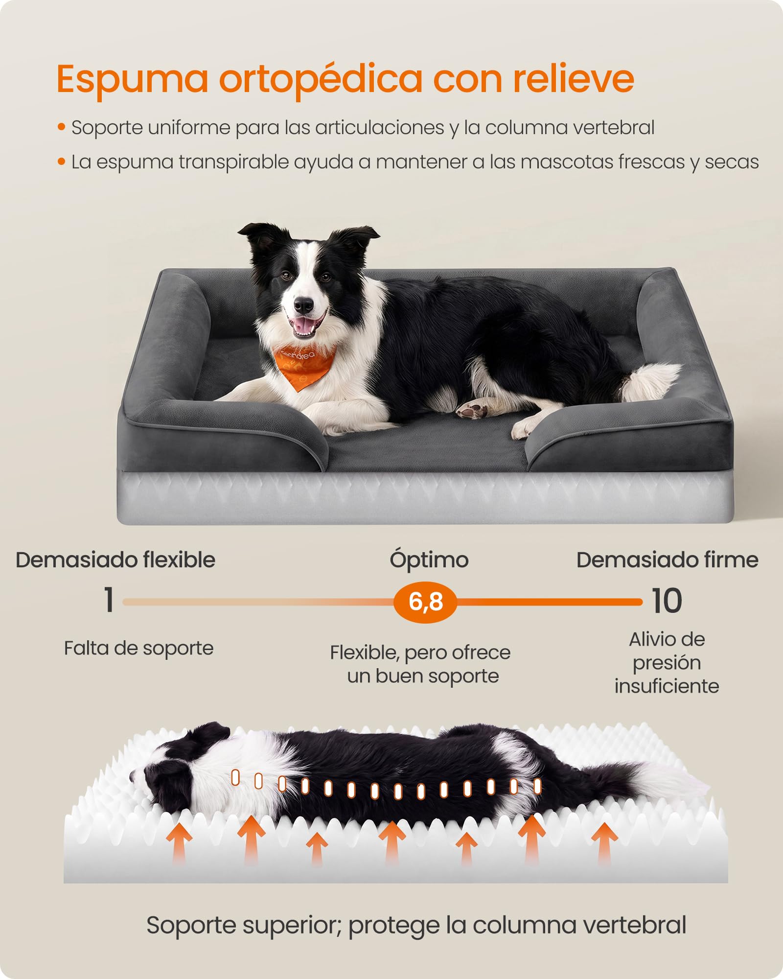 Feandrea Cama para Perros, Sofá de Franela con Espuma de Soporte, Forro Impermeable, Funda Extraíble Lavable, Fondo Antideslizante, 104 x 69 x 17 cm, Gris Plomo, Colección Blomfy PGW323GN01