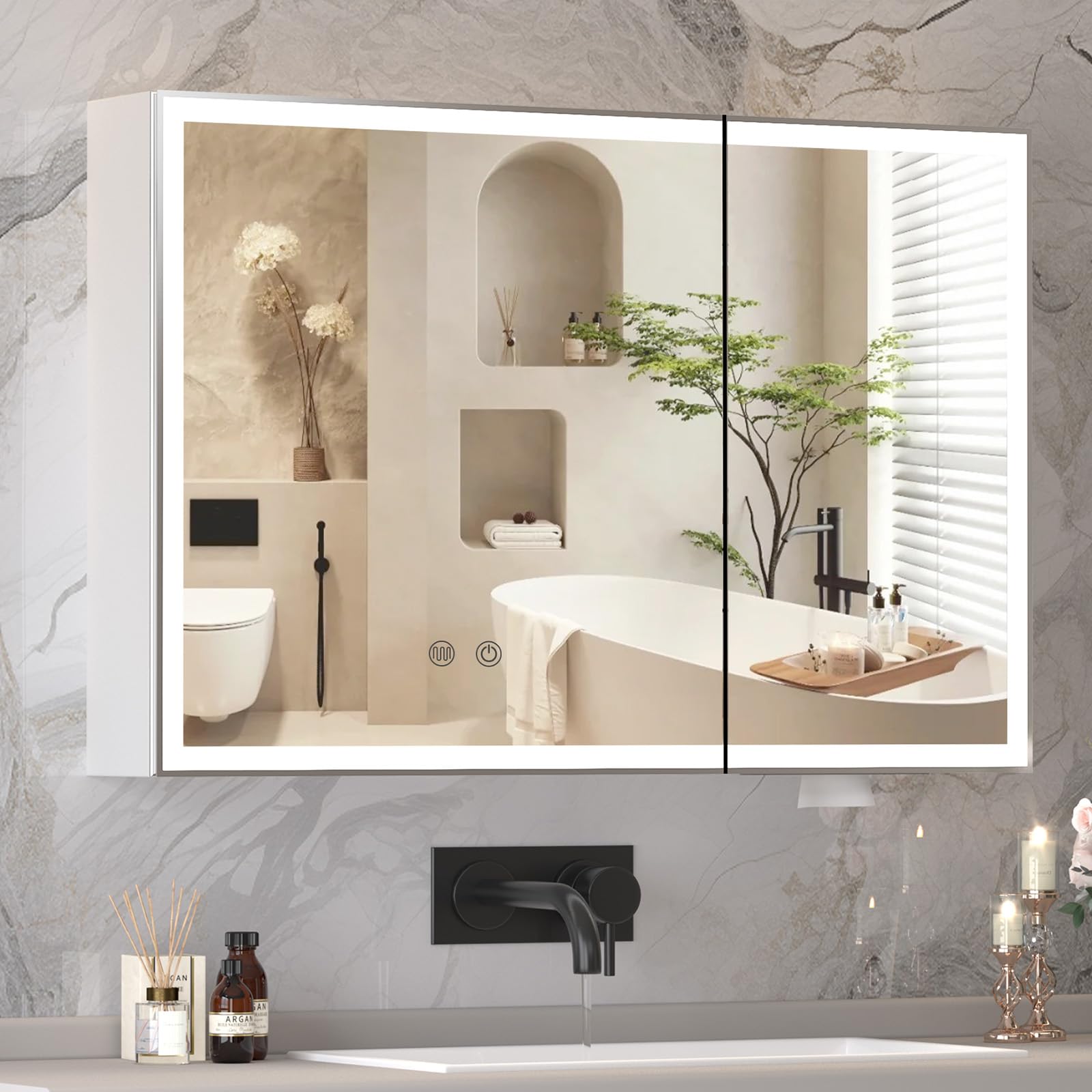 Specchio Bagno Con Luce E Mobile Ereousa 90x70x13 Cm | Anti-appannamento, Nero, IP44 - Foto 2
