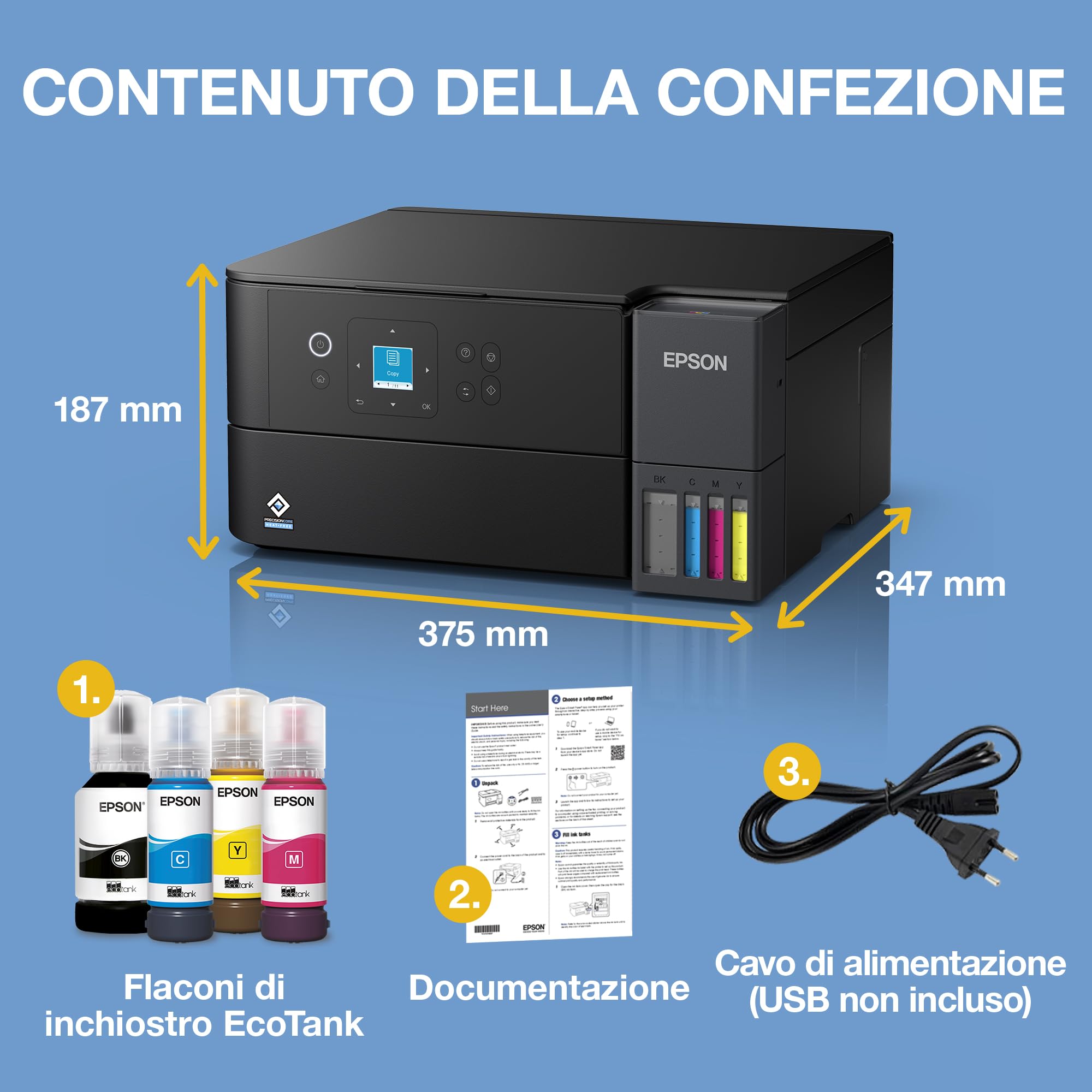 Epson EcoTank ET-2955 Stampante A4 Wi-Fi Stampa Copia Scansione Fronte/Retro Display LCD 3.7 cm 3 Anni Inchiostro Inclusi