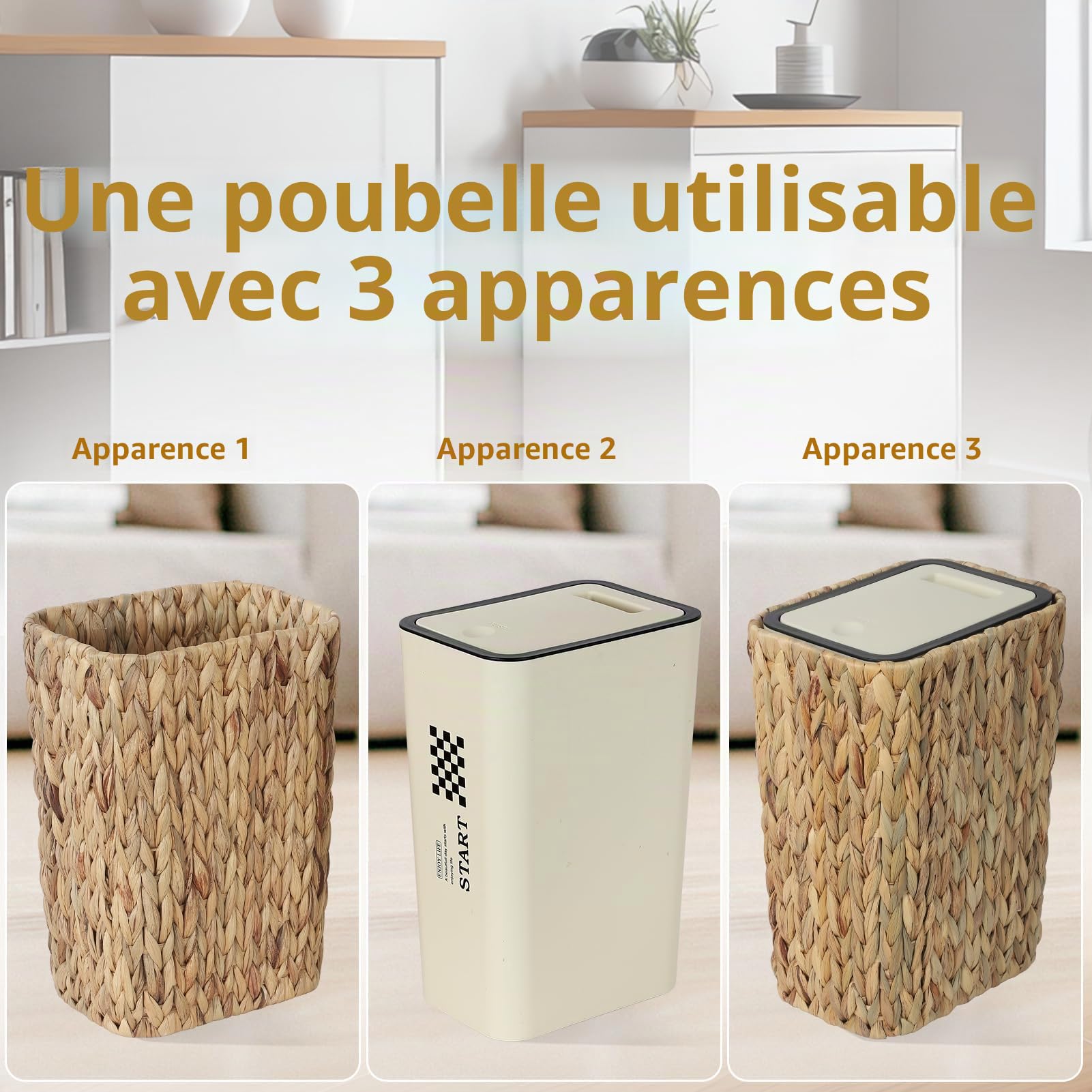 Poubelle de Cuisine Boho 12 Litres - Corbeille à Papier & Poubelle en Rotin 2 en 1 - Couvercle Pop-up, Anti-Odeurs, Pour Salle de Bains - Beige Étroite