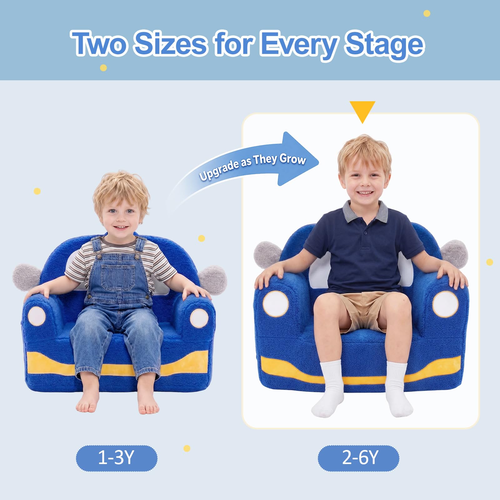 OUOZZZ Kindersofa Kindersessel ab 1 3 6 Jahre - Weich Sherpa Kindercouch mit Kissen, Mini Couch für Kinderzimmer Jungen und Mädchen, Auto Blau