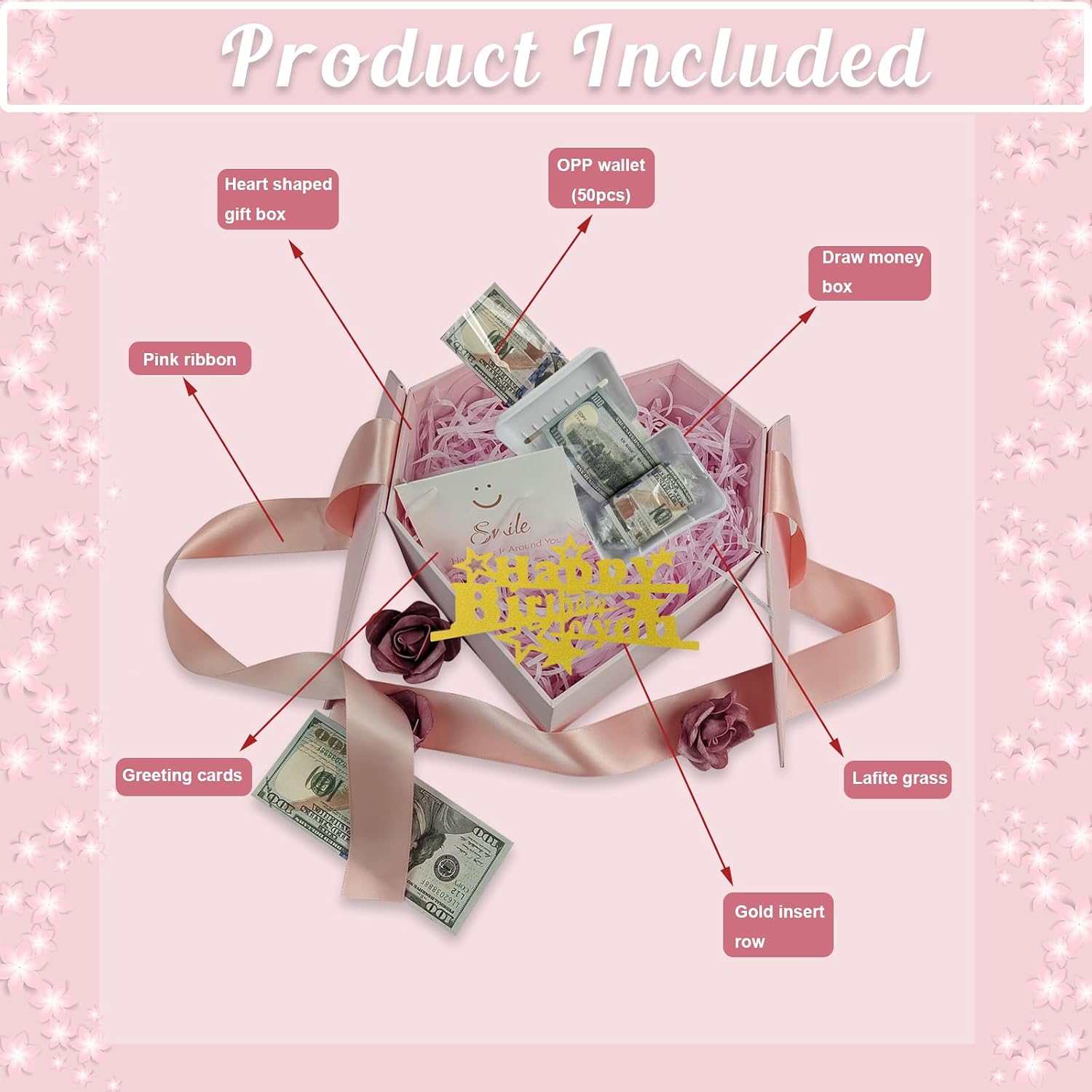 Money Pull Box for Cash Gift, Money Gift Box for Cash Gift Pink Ideas Loving Box Money Roll Gift Box with Card and Ribbon Money Gift Surprise Box Pull for Christmas Birthday Valentine's Day (Pink) image 3