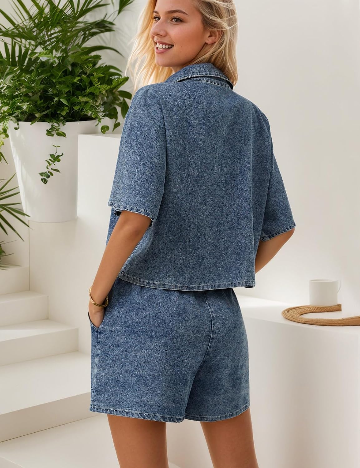 Condition photo showing New/Like New for zilcremo womens 2 piece outfits summer denim sets short sleeve button down crop jean shirts high waist denim shorts sets x-large darkblue