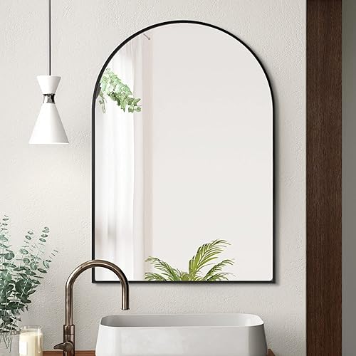 Espejo de baño arqueado de 24 x 36 pulgadas con aleación de aluminio negro con marco mate, para dormitorio, tocador, entrada, sala de estar