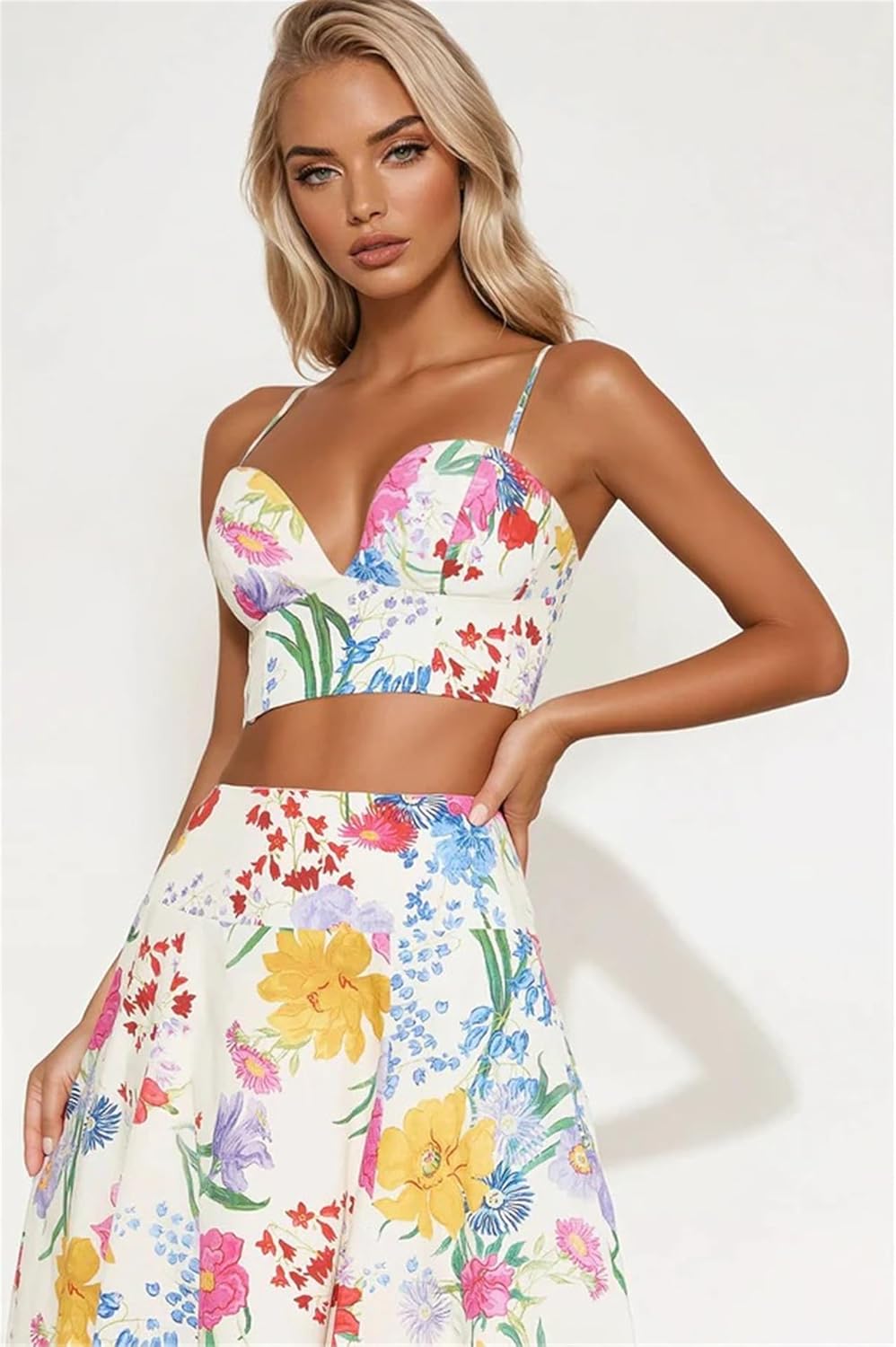 THLAI Women 2 Piece Maxi Skirt Sets Floral Print V-Neck Cami Top and Flowy Pleated Maxi Skirt Set Summer Vacation Outfits - Image 3