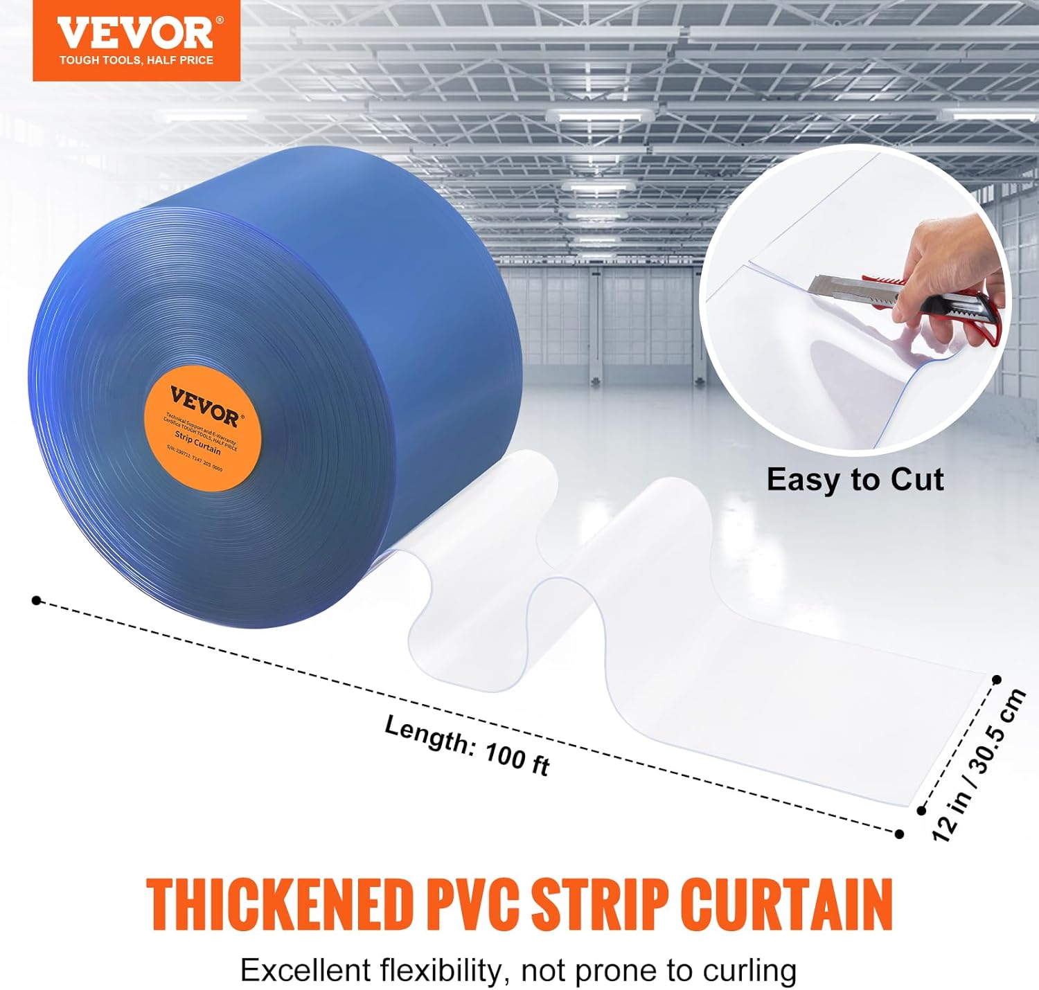 VEVOR Strip Curtain, 100' Length x 12" Width x 0.12" Thickness, Clear PVC Smooth Curtain Strip Door Bulk Roll, Plastic Door Strips for Doorway of Supermarket, Garage, Warehouse, Barn, Pet Animal House