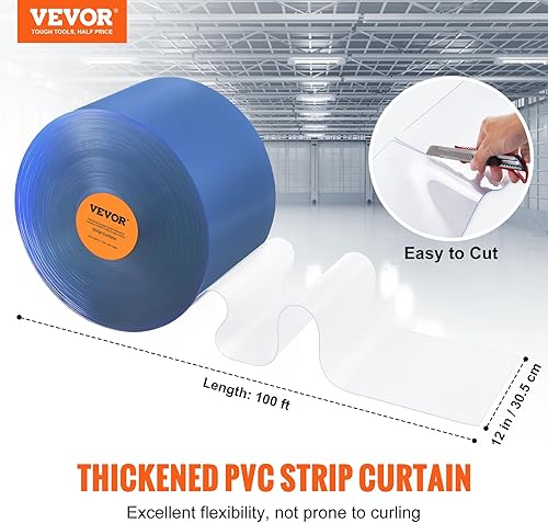 Miniatura 14 de VEVOR Cortina de tiras, 164 pies de largo x 8 pulgadas de ancho x 0.08 pulgadas de grosor, rollo de tira de cortina lisa de PVC transparente