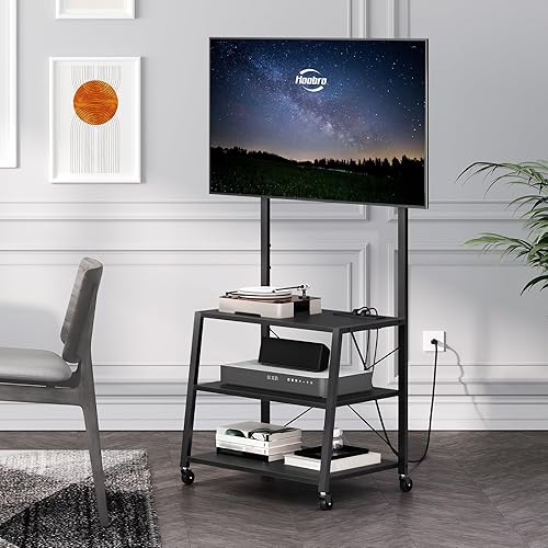 Miniatura 5 de HOOBRO - Soporte de TV móvil con soporte y toma de corriente hasta 55 pulgadas, centro de entretenimiento de esquina, soporte de TV pequeño con 3
