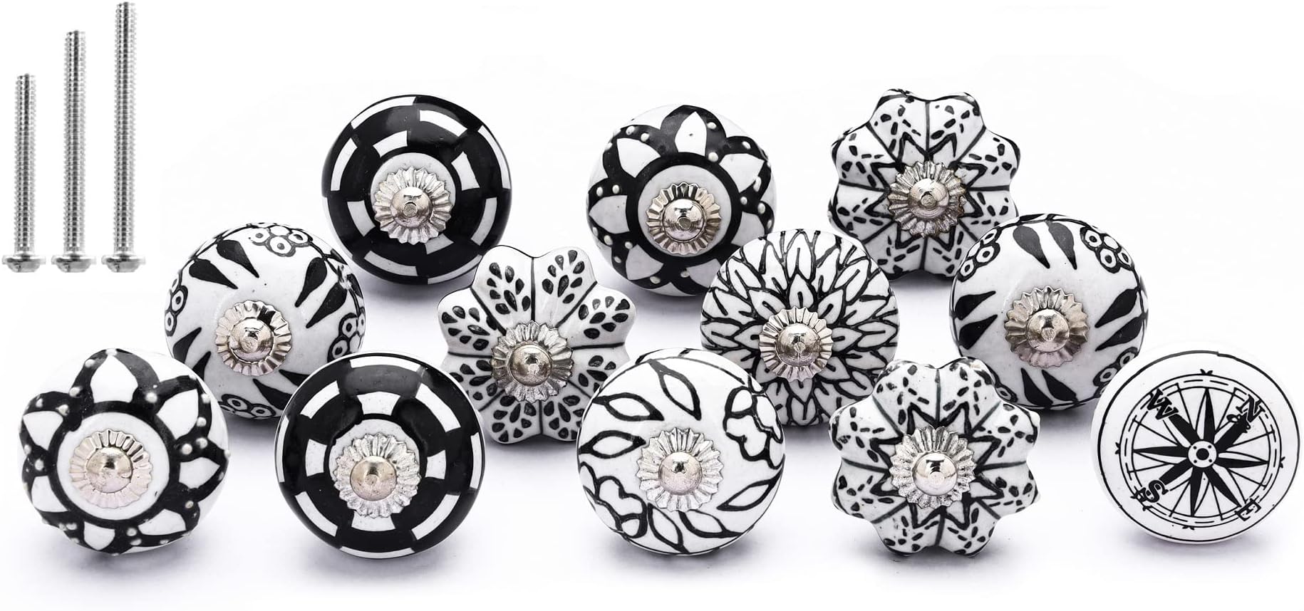 NAQSH Ceramic Cabinet Knobs Kitchen Drawer Knob Handpainted Cupboard Door & Drawers Pulls (Black & White, 12)