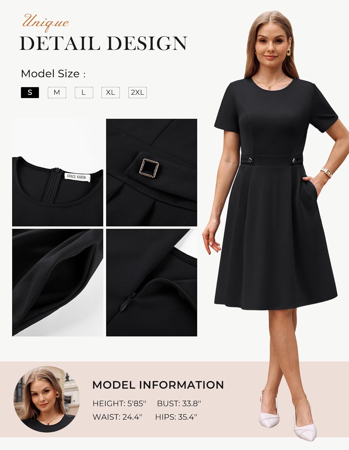 GRACE KARIN Church Dresses for Women 2026 Short Sleeve A Line Work Dresses Fit and Flare Dress with Pockets - Image 3