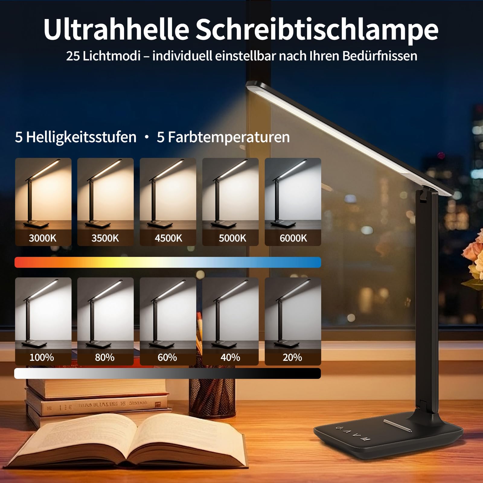 Lámpara De Escritorio LED, Lámpara De Mesilla Regulable Con Luz De Cuidado Ocular Y Puerto De Carga USB-A, 5 Modos De Luz Y 5 Niveles De Brillo, Luz De Lectura Plegable Para Dormitorio