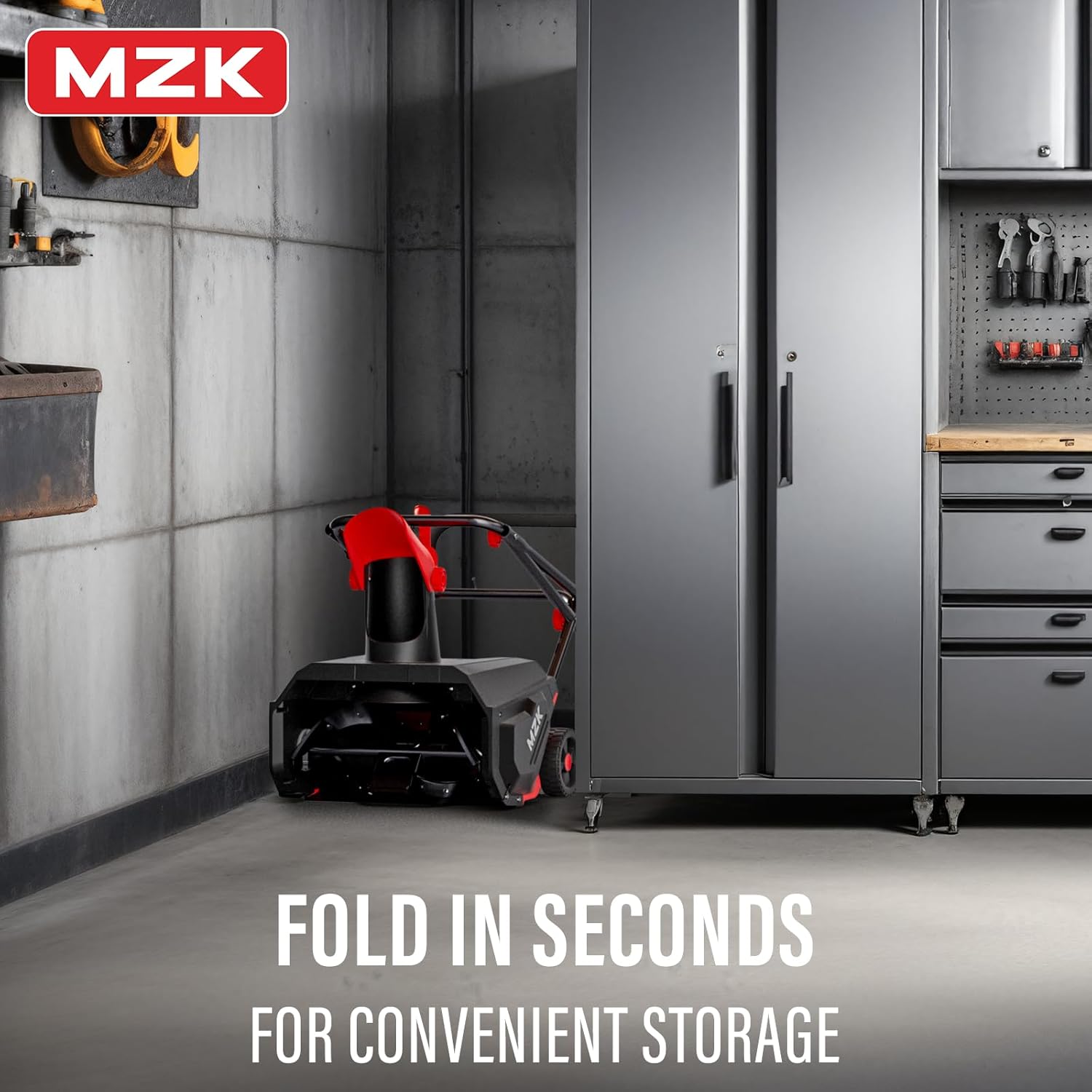 MZK Snow Blower folded for storage in a garage