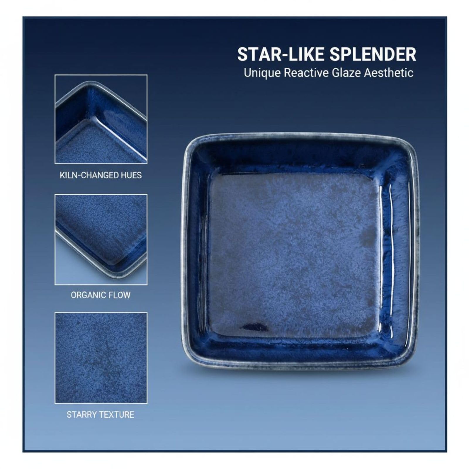 4er-Set Keramik-Saucenschalen, tiefe quadratische Dip-Schälchen in Dunkelblau mit reaktiver Glasur, 9 x 9 x 3,5 cm, 150 ml kleine Vorspeisenteller, Steinzeug für Dips und Saucen
