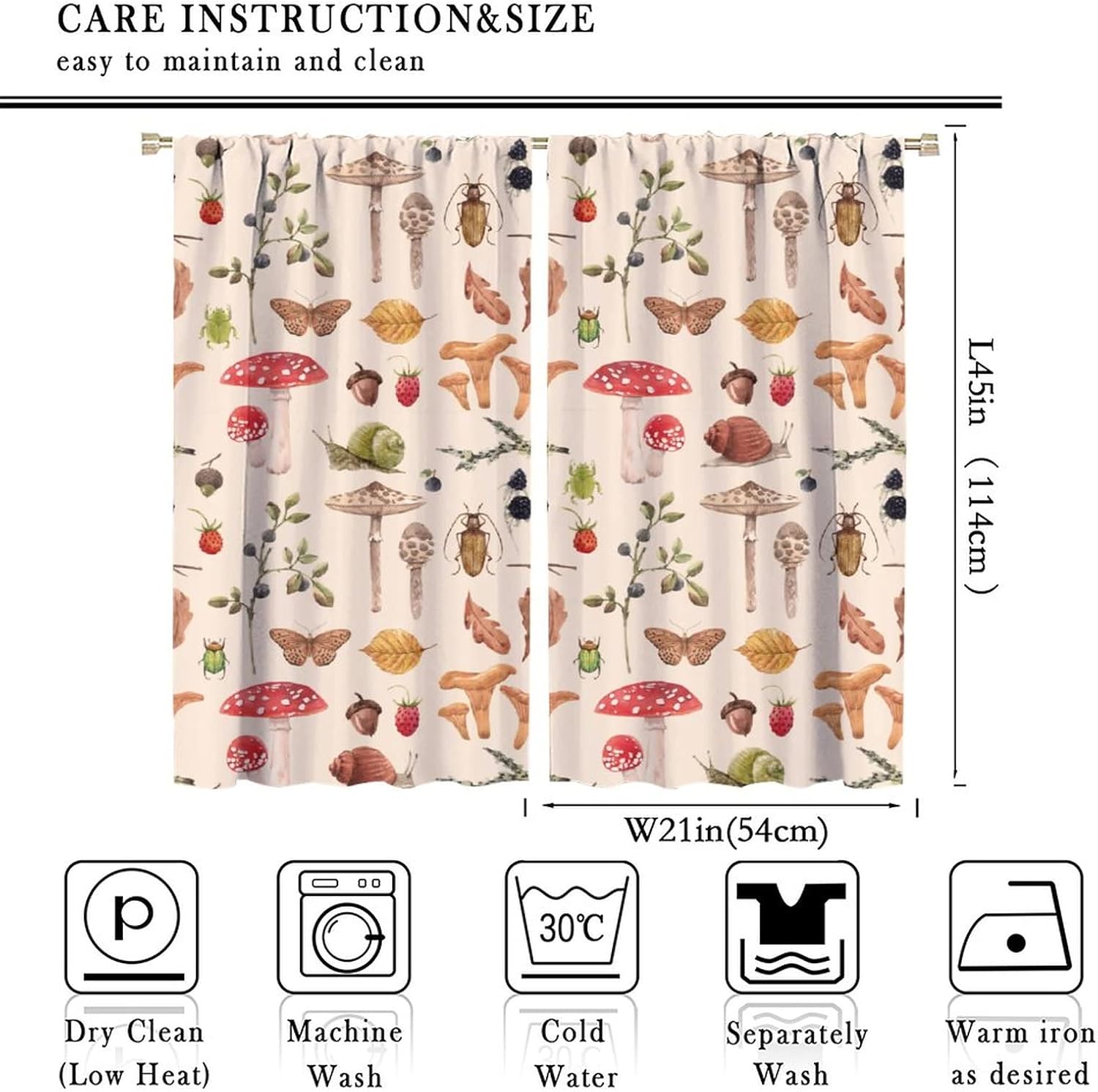 JESTRONRY Mushroom Curtains, Rustic Cartoon Abstract Botanical Herbs Plants Print Window Treatments for Living Room Bedroom Home Decor W42xL45in