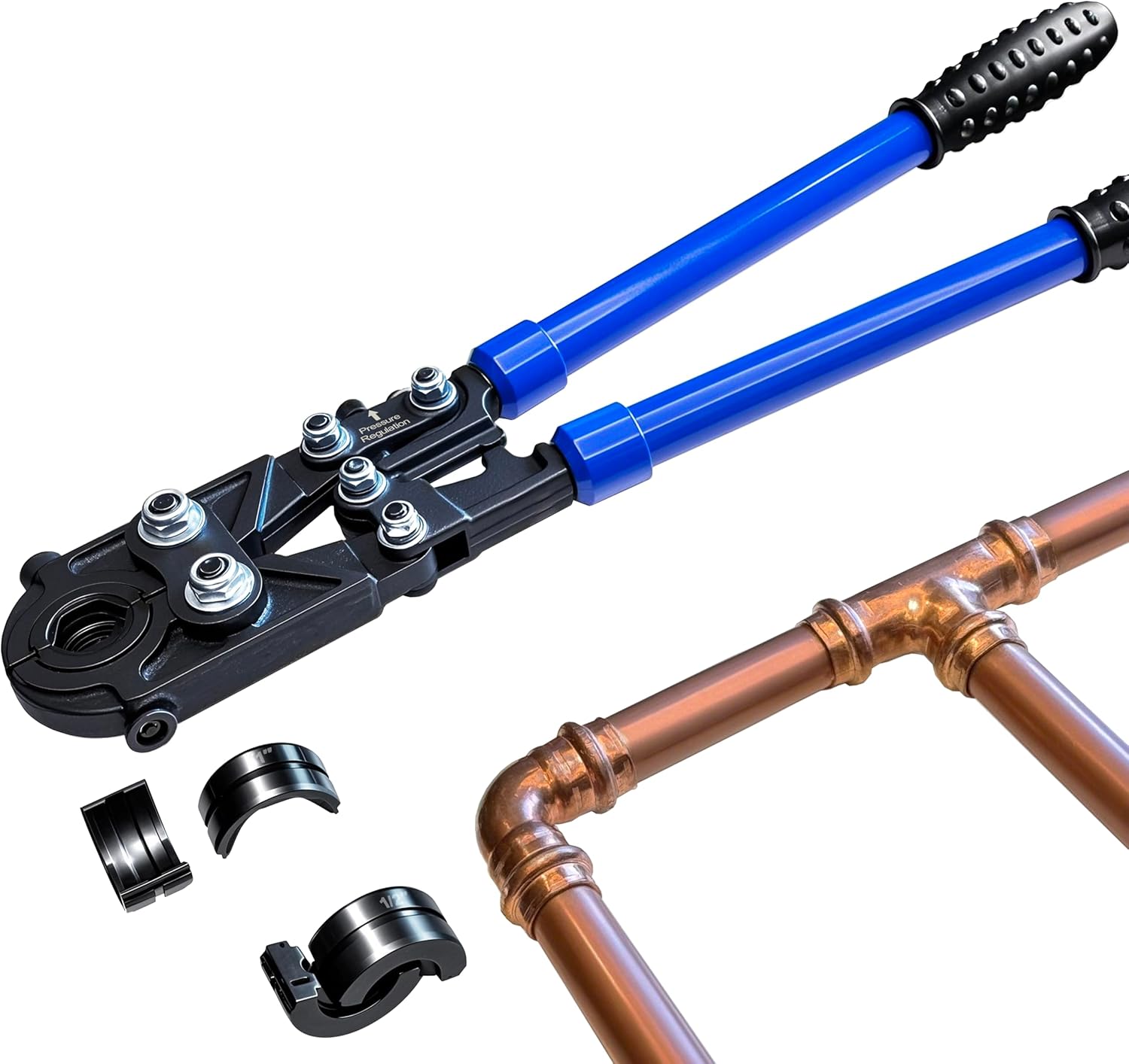 Copper Press Tool Pipe Crimping Tools with Telescopic Operating Arms (1/2", 3/4", 1" Jaws) Copper Tube Fittings Crimpers Pressing Pliers Suit for Confined Spaces and Tee Fittings