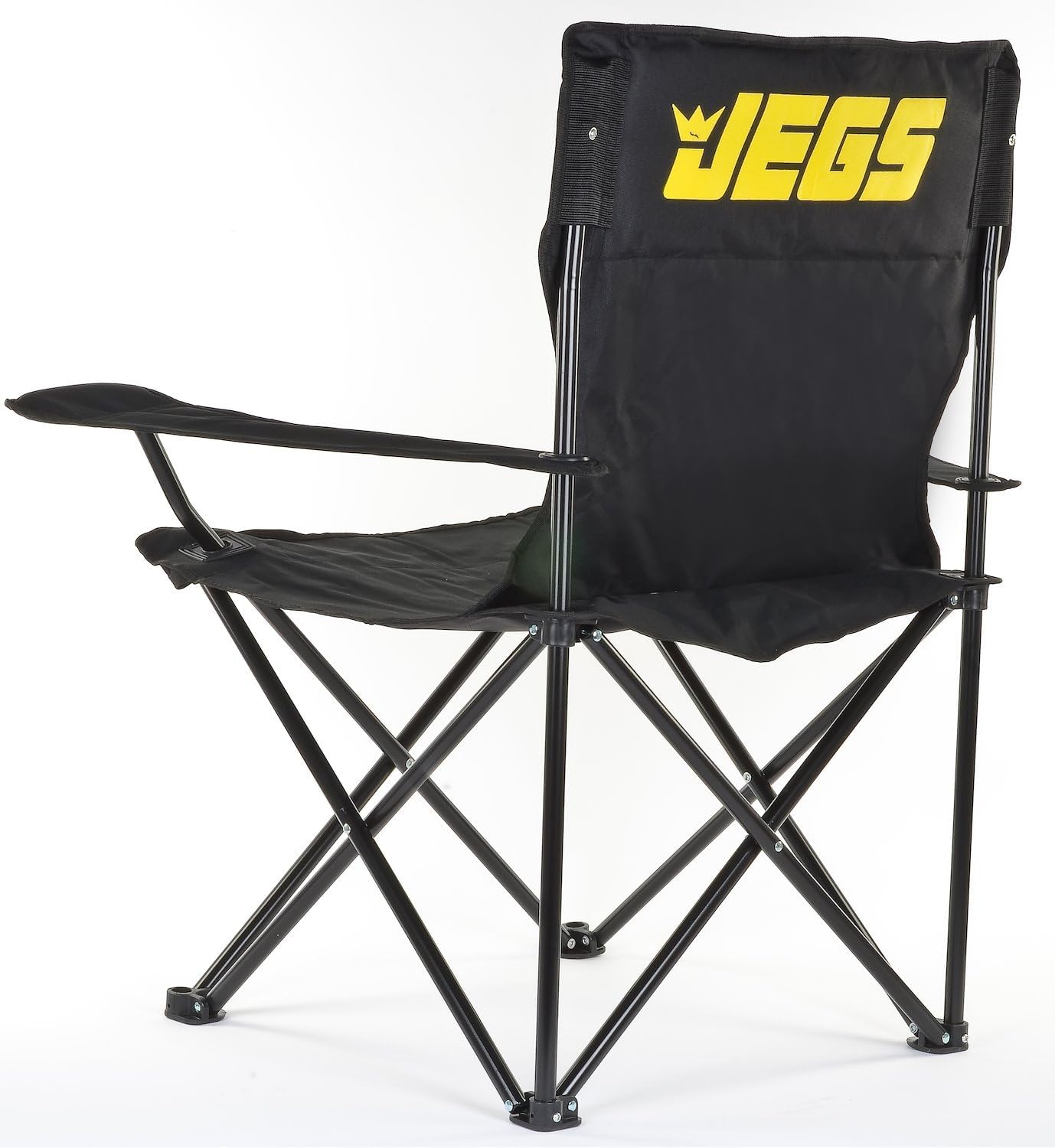 JEGS Folding Chair | Black Canvas Logo | Black Powder Coated Frame | Capacity 250 LBS | Total Height 36in.| Includes Mesh Cup Holder and Storage Bag with Strap