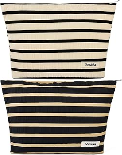 SOIDRAM 2 Pieces Makeup Bag Large Stripe Cosmetic Bag Capacity Canvas Travel Toiletry Bag Organizer Cute Makeup Brushes Aesthetic Accessories Storage Bag for Women, Stripe L Black White