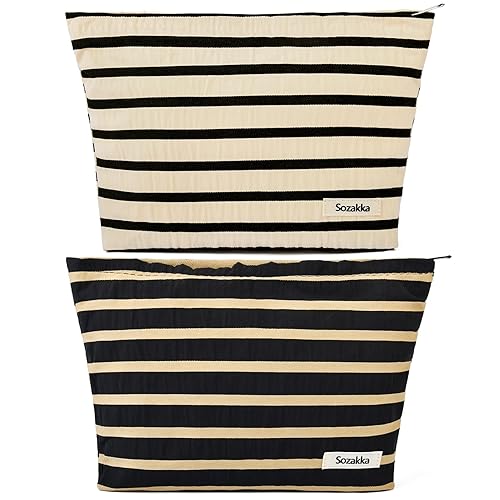 Bolsa de maquillaje de 2 piezas, bolsa grande de cosméticos a rayas, color negro y blanco, bolsa de aseo de viaje, organizador de brochas de disponible en Yaxa Peru