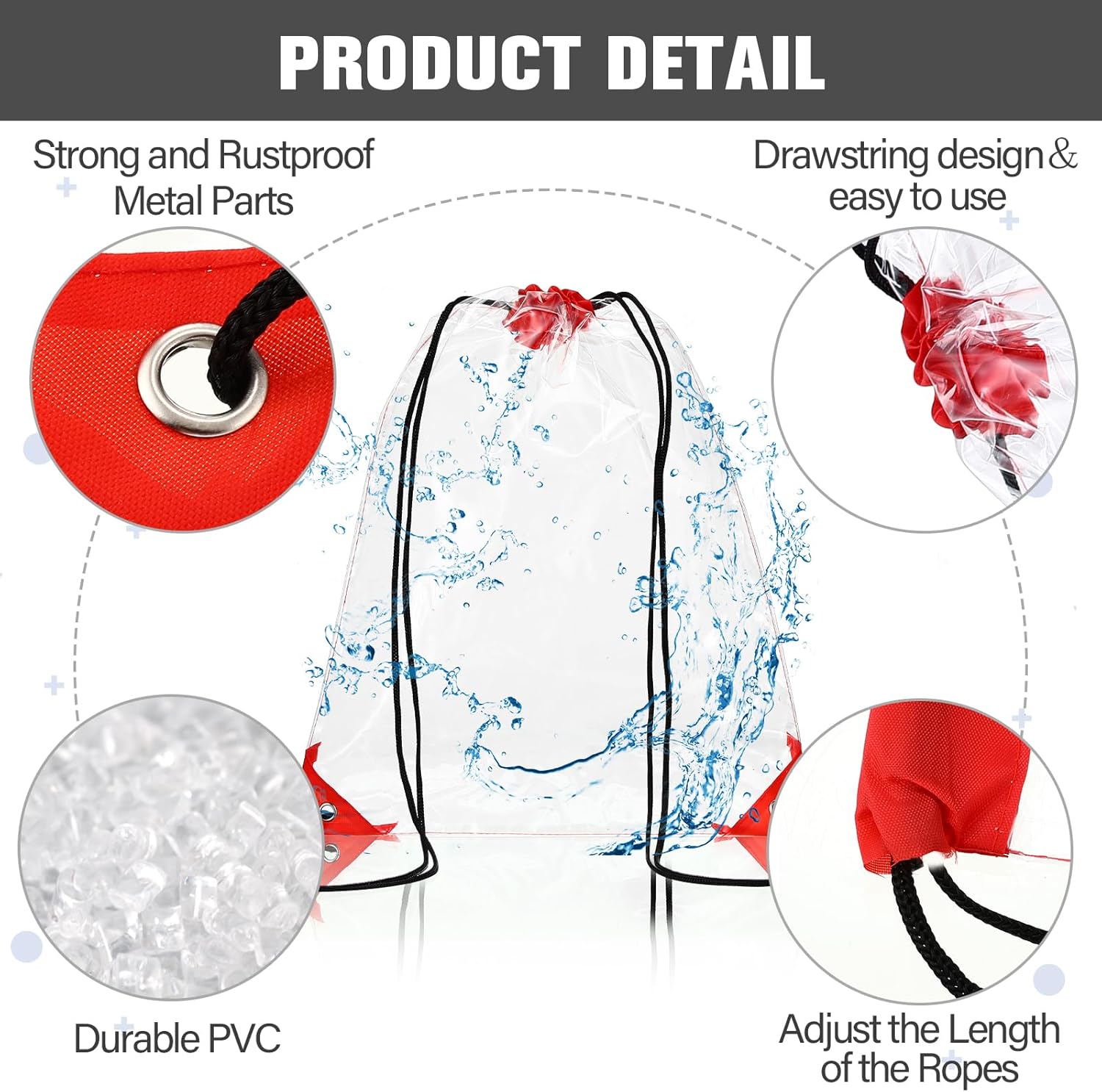 Shappy 30 Pcs Clear Drawstring Bag Plastic Drawstring Backpack Clear Waterproof PVC Backpack for Stadiums Sporting Events (Red)