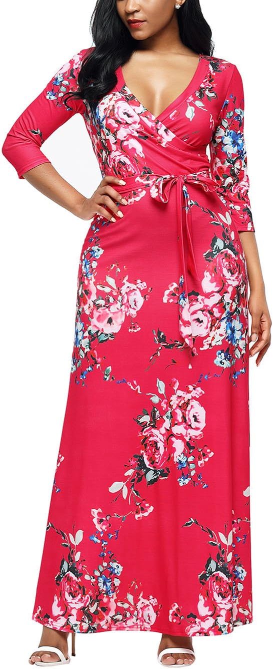 Women Wrap Casual Tie Floral Print Maxi Long Dress with Belt, Red Floral, Small