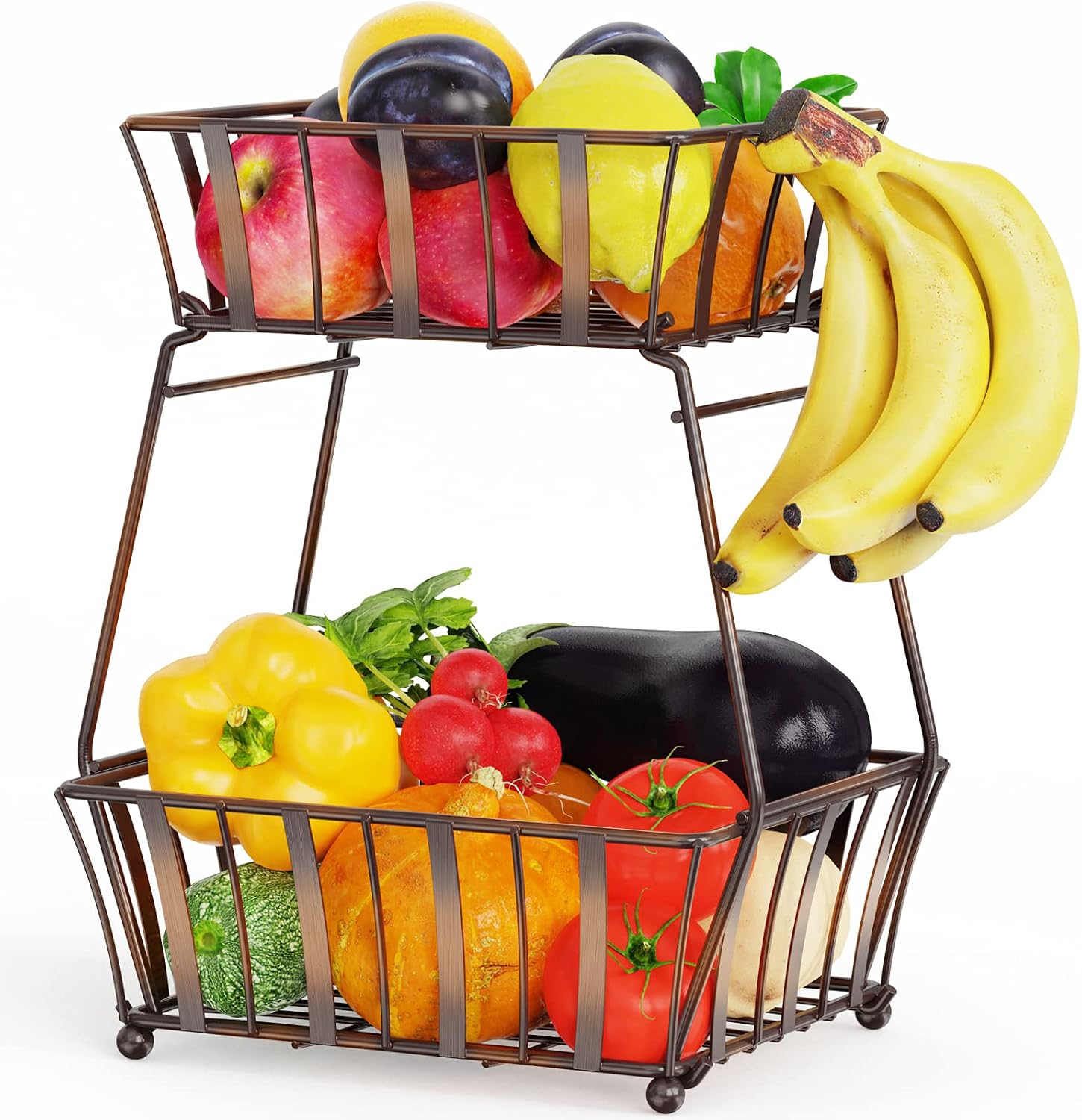 GSlife Fruit Basket, 2 Tier Fruit Bowl with Banana Hanger Detachable Fruit Vegetable Storage Basket for Kitchen Counter Pantry Cabinet, Medium Brown