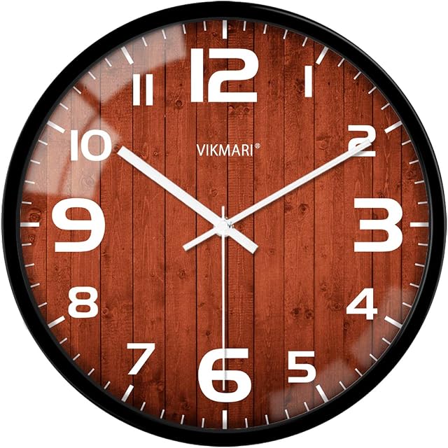 VIKMARI Home Glass Wall Clock 12 Inch Battery Operated Silent Non Ticking Black Frame White Numeral Clocks Round Hanging Decorative Wall Clocks for Kitchen/Bedroom Living Room