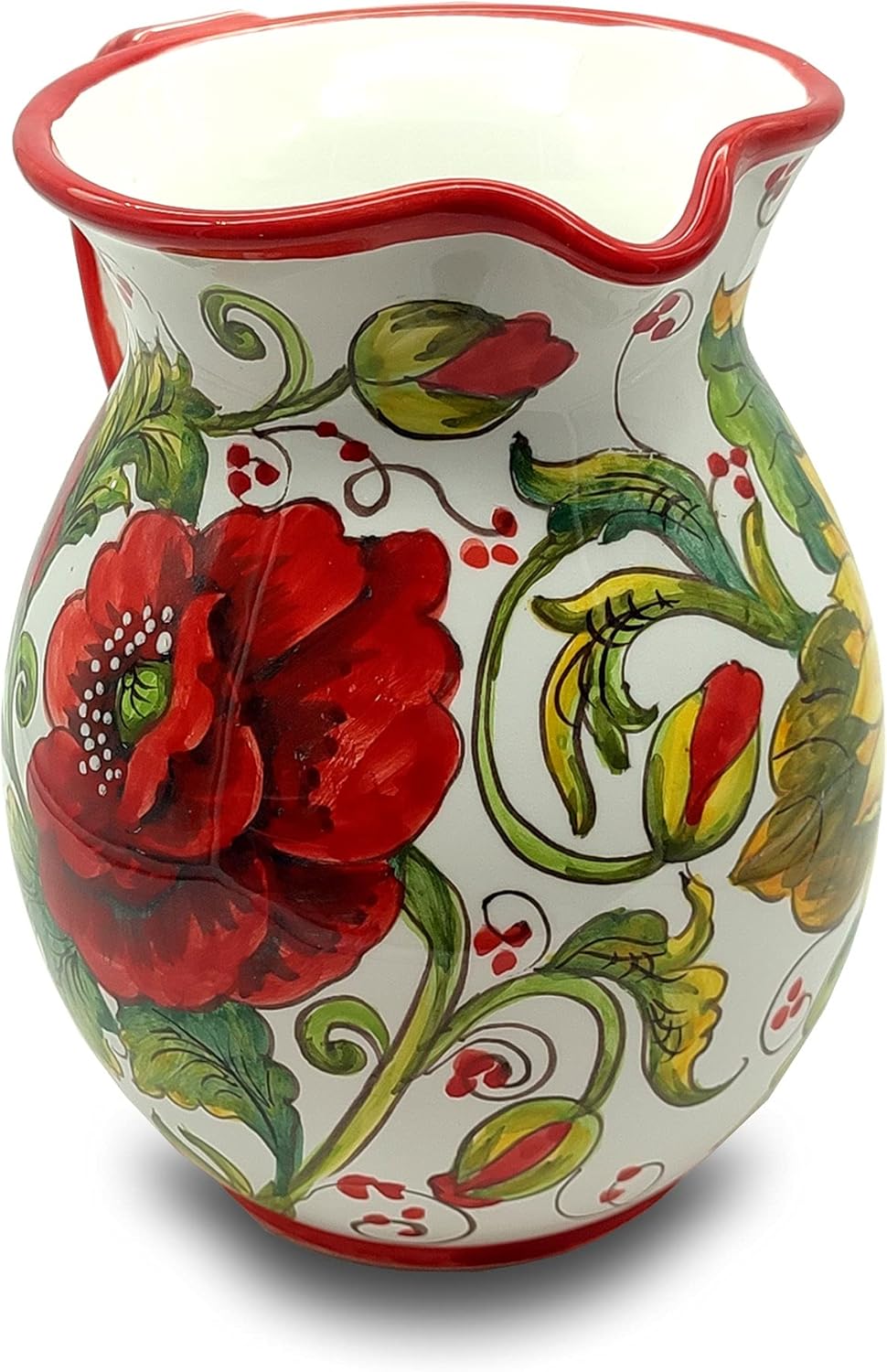 Italian Ceramic Pitcher Poppies Sanflower - 33 oz Hand Painted Utensil Holder Or Carafe Design for Kitchen - Made in ITALY Tuscany - Italian Pottery Vase Jar for Wine - Home Decor Ceramics