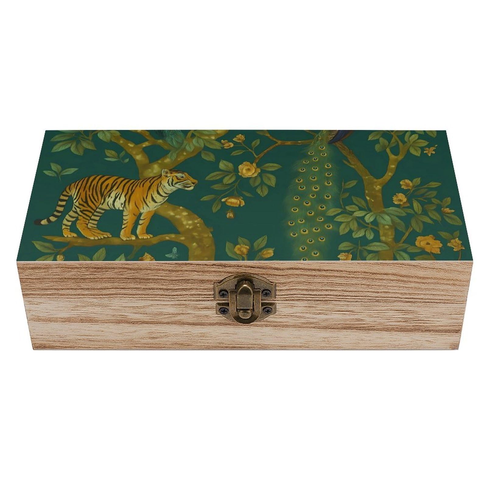 HLBSDM Graceful Tiger And Peacock on Tree Retro Wooden Storage Box Jewelry Art Gift Boxs Decorative Keepsake Boxes