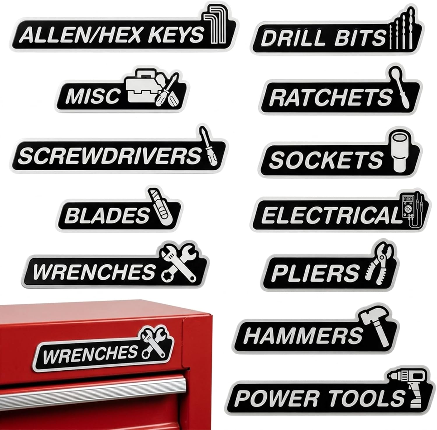 12PCS Magnetic Tool Box Labels, Tool Box Labels Set of 12, Durable Toolbox Labels for Workshop Organization, Easy to Read Identification for Tools and Equipment