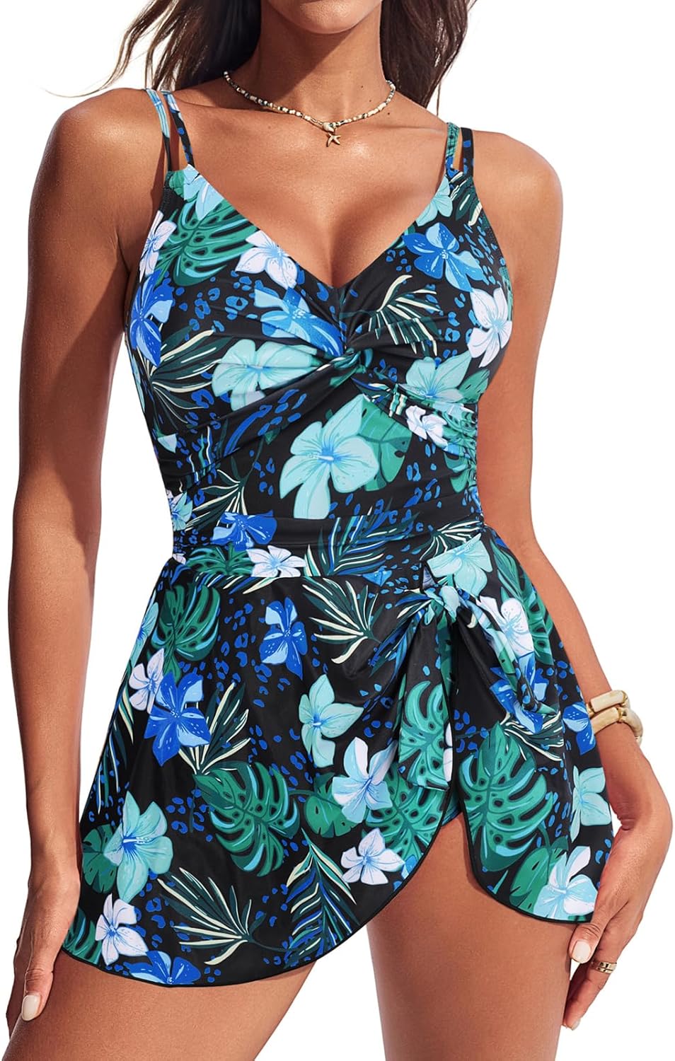 Hanna Nikole Women One Piece Swimsuits, Tummy Control Bathing Suit Ruched, Push Up Twist Front Swimdress with Tie Knot Skirt