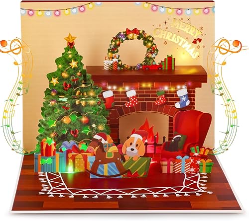 Hxezoc Tarjeta de Navidad con luces para chimenea en 3D, Wish You A Merry Christmas Music Play Tarjetas de regalo de Navidad para familiares,