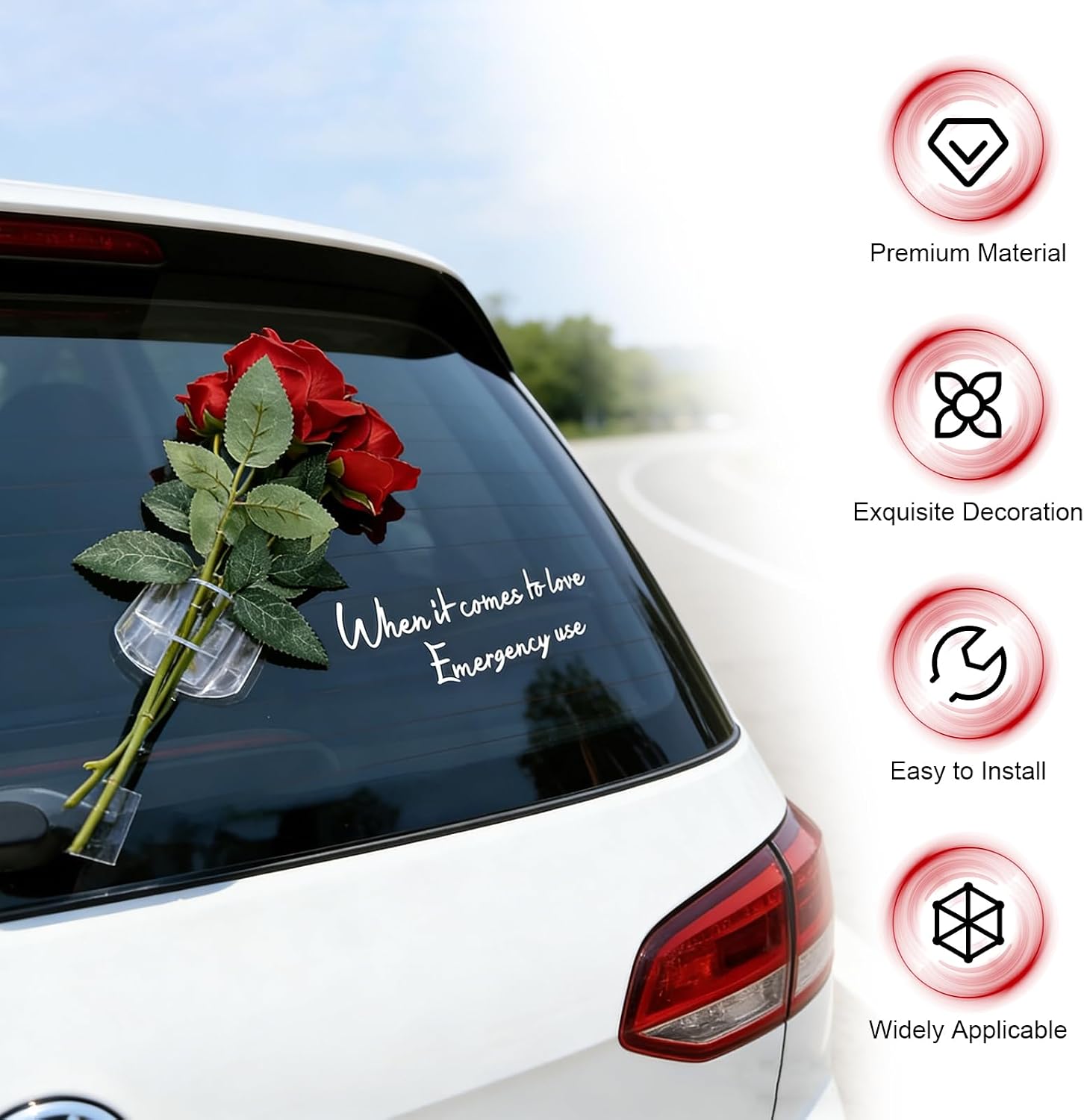 3 PCS Artificial Flower Decoration Sticker, Romantic Fake Roses with Words Car Decal, Clip Mount Flower Ornament for Car Rear Window, Universal Valentines Day Decor Accessories (Red) image 3