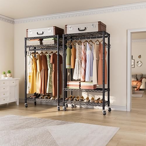 Miniatura 9 de Golpart Perchero portátil con ruedas para colgar ropa, resistente alambre ajustable con barra y cesta para colgar, estante de metal independiente,