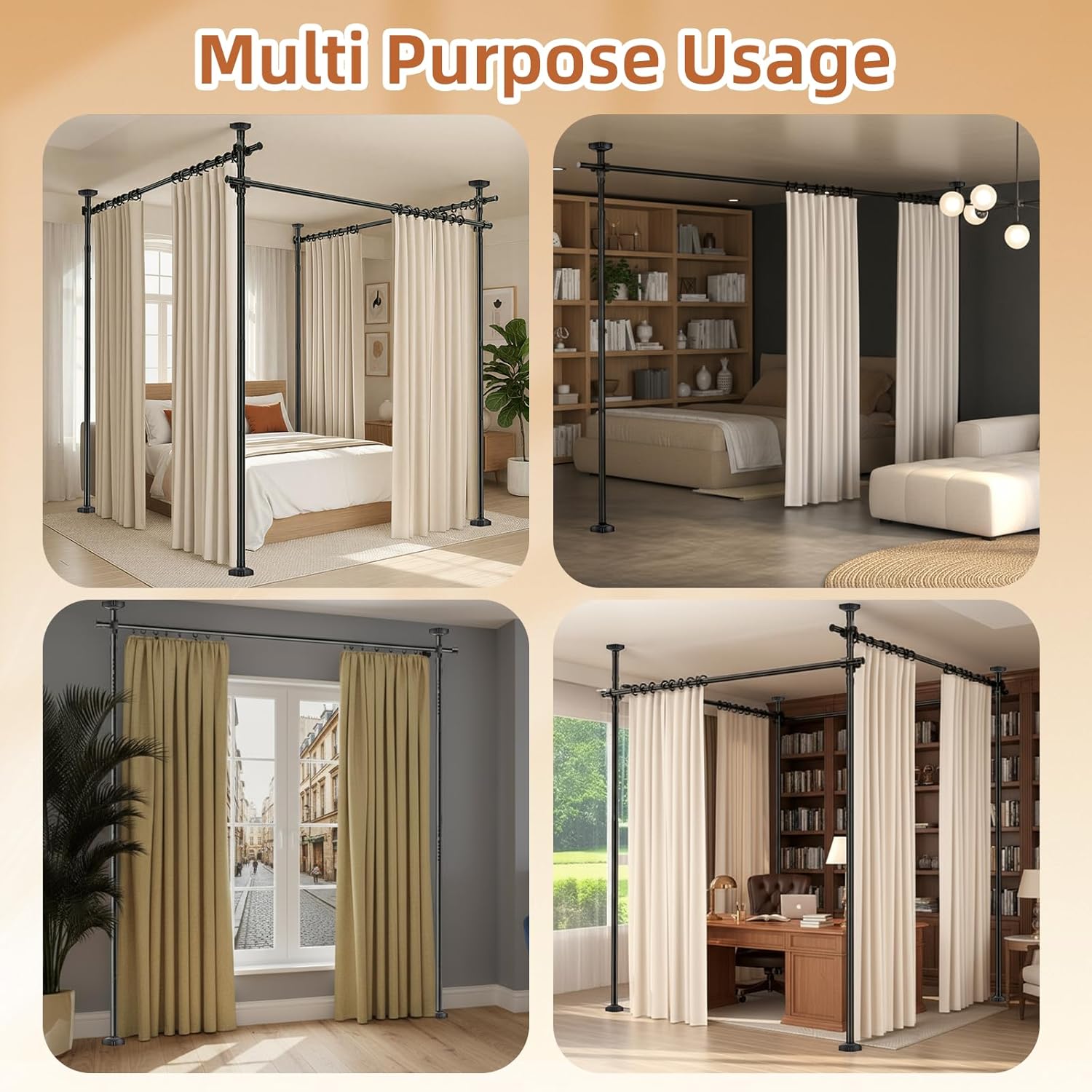 Room Divider No Drilling Curtain Rod Wall Divider for Room Separation, 4-10ft(H) 28-209inch(W) Adjustable Temporary Privacy Wall Divider, Heavy Duty Partition Separator Freestanding Tension, Black