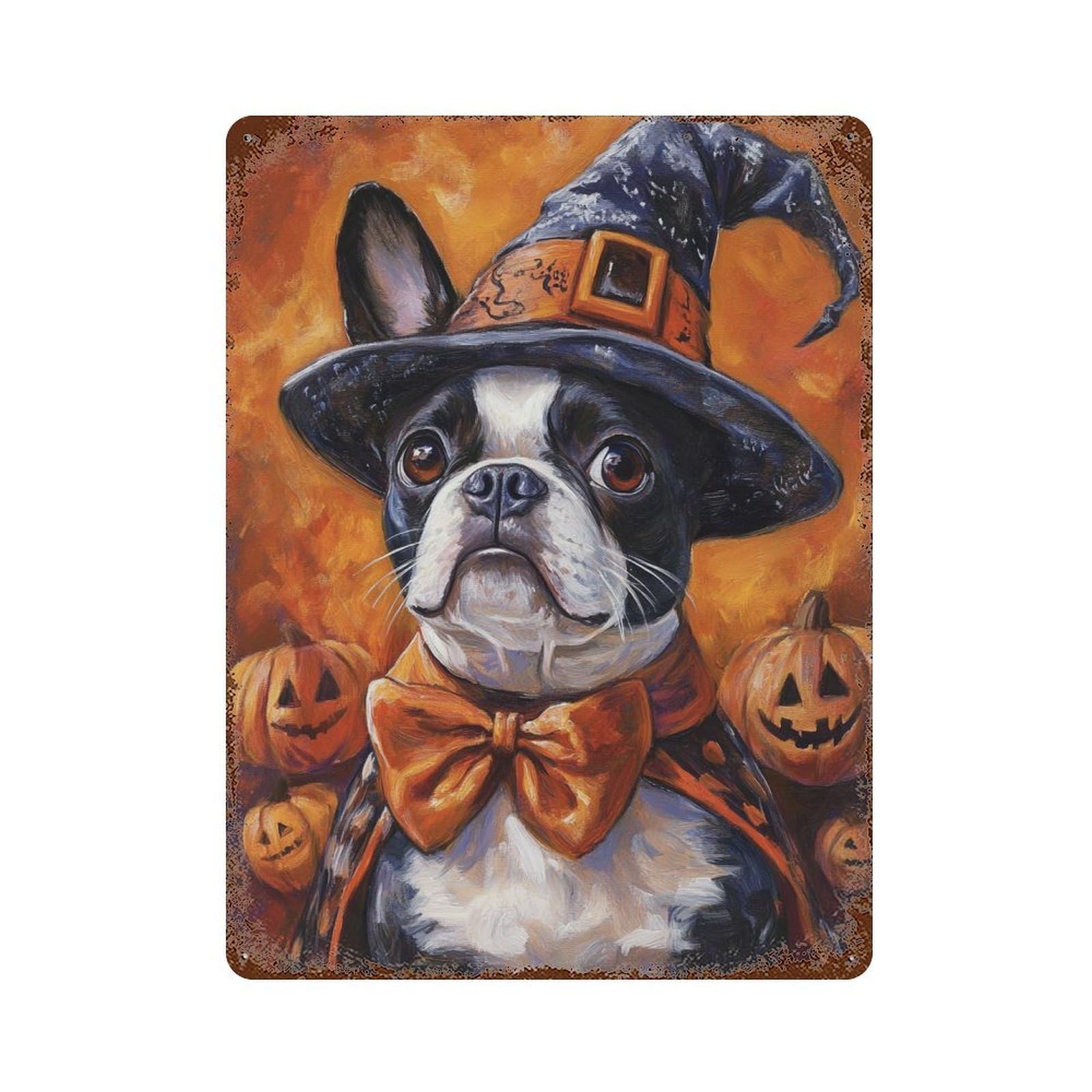 Halloween Witch Dog Art Print Decorative Tin Sign 15.7"x11.8", for Bistro, Counter And Cafe Decor, Classic Wall Plaque