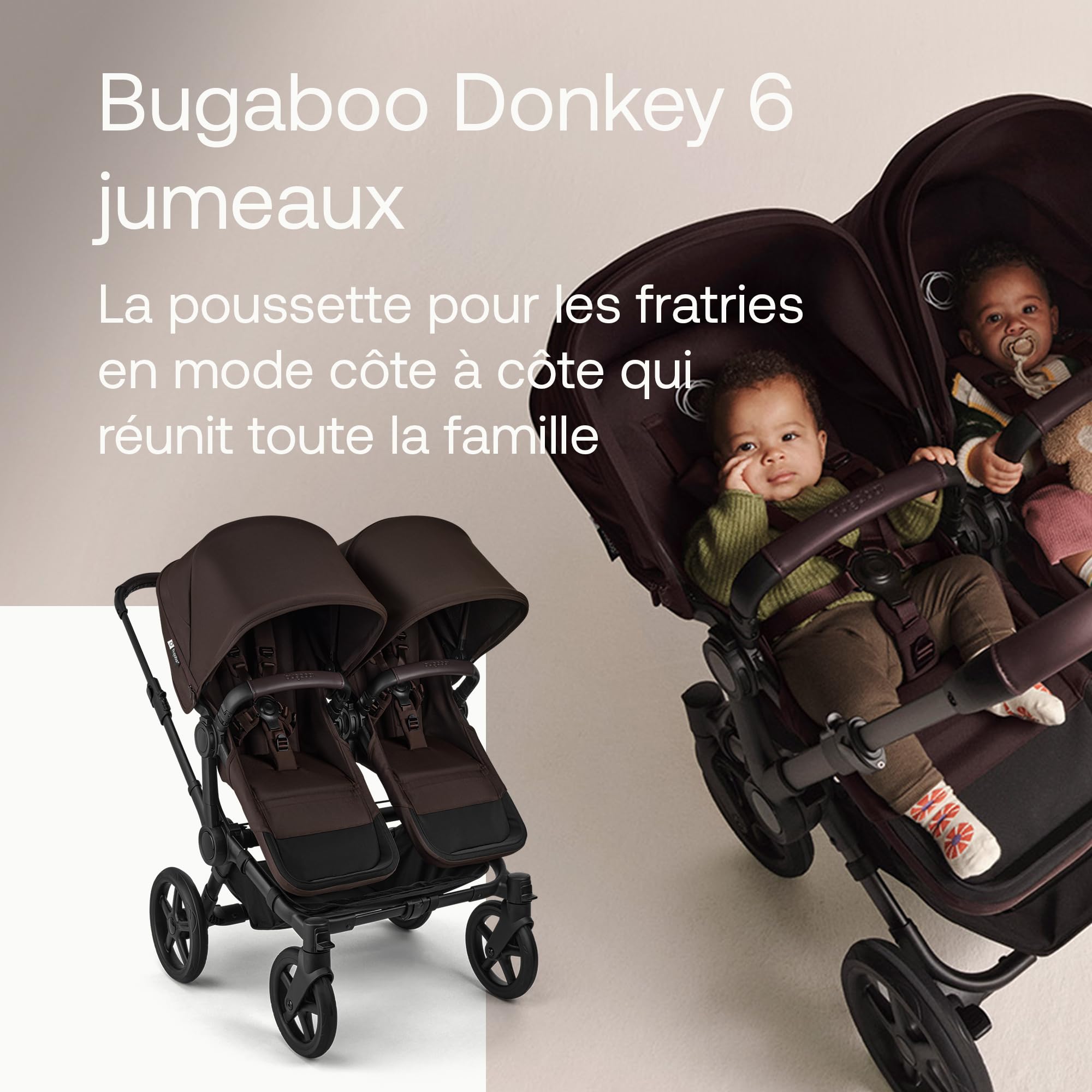 Bugaboo Donkey 6 Kit d'habillages pour nacelles jumeaux, convertit la poussette Donkey 6 double en poussette jumeaux pour nouveau-né & enfant, design côte à côte, facilement convertible, Cocoa Brown