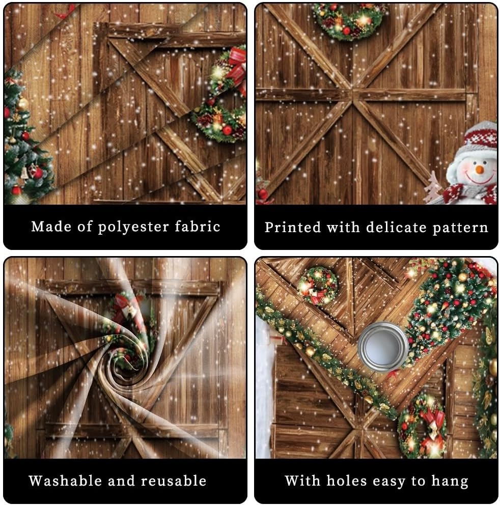 Leyiyi 7x8ft Merry Christmas Garage Door Decoration Banner Rustic Barn Wood Door Xmas Tree Snow Snowflake Winter Snowman Garage Door Backdrop Decoration for Indoor Outdoor Wall Door Photography