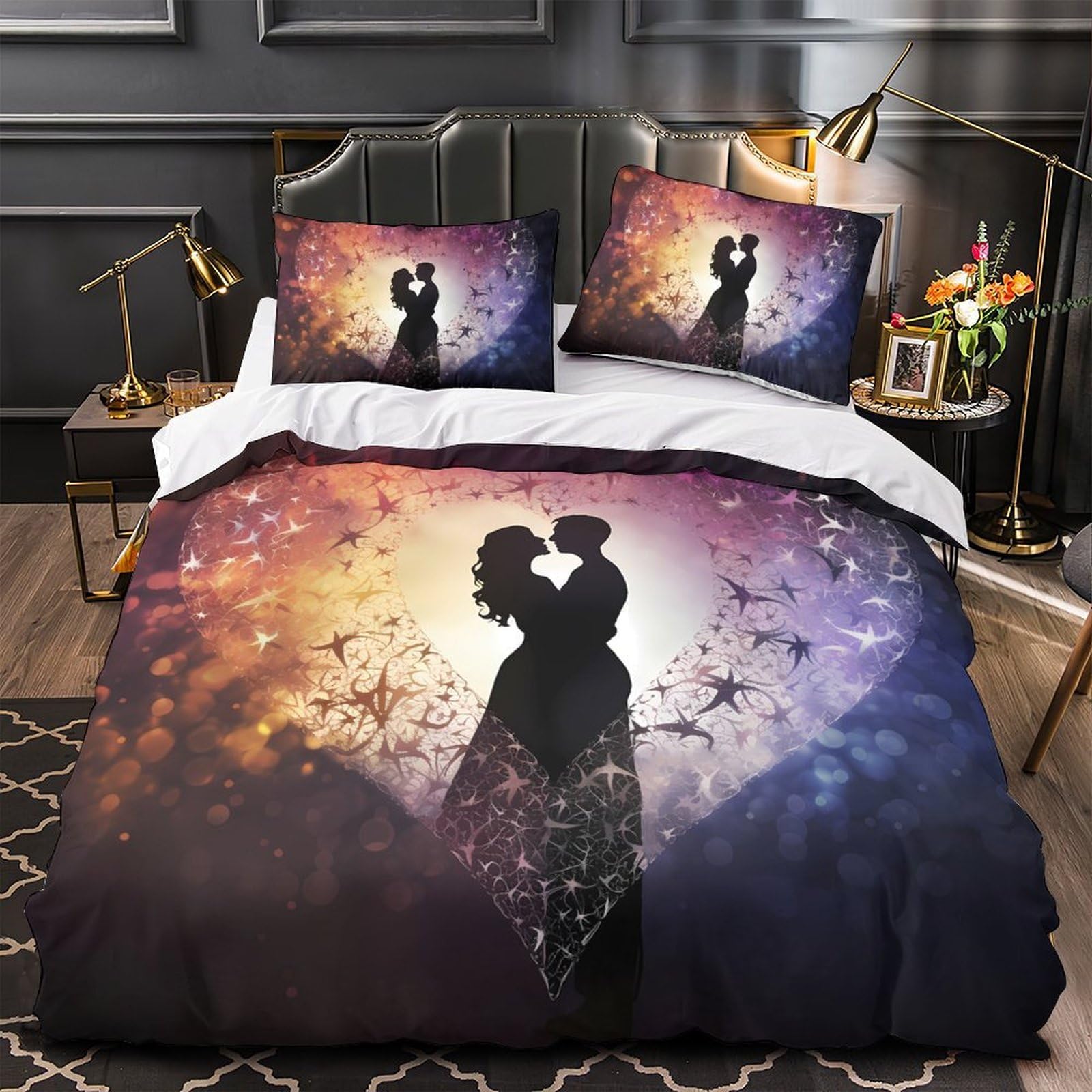 Sagoma Romantica 3D Print Copripiumino Coppia Microfibra Decorazione Camera Set Biancheria Coppia Morbido Traspirante per Giovani Adulti Super king（260x220cm）