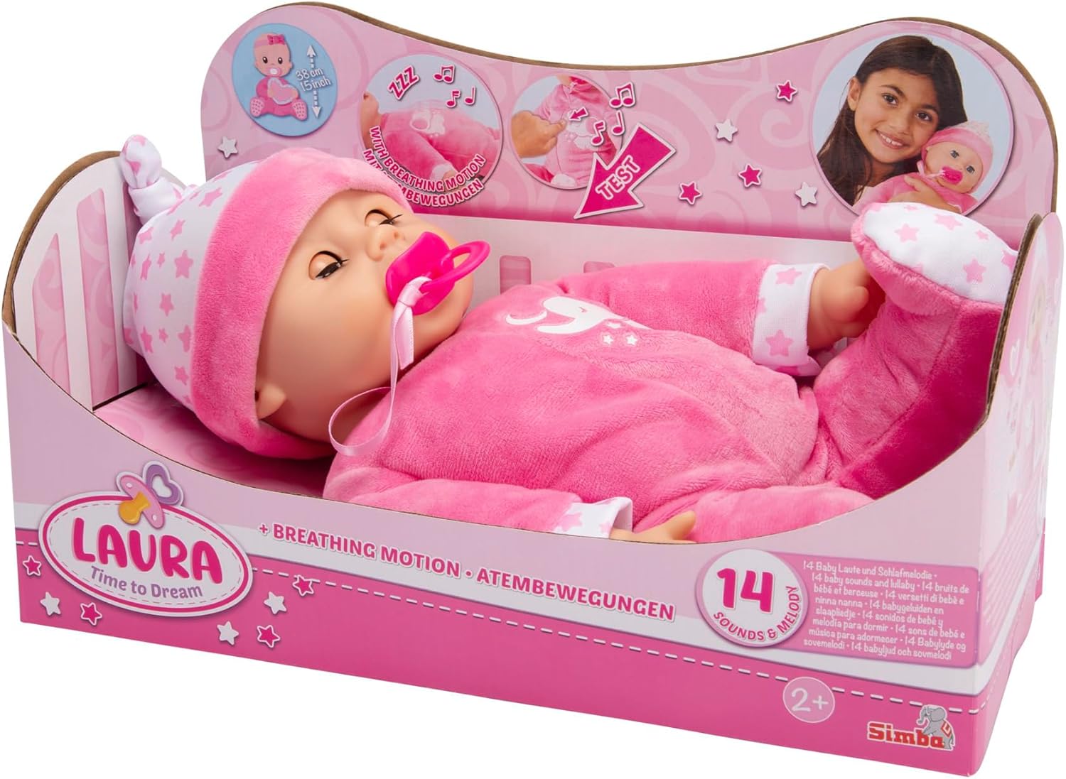Simba 105140501 Laura Schlummerzeit Soft Body Doll with Breathing Movements, 14 Baby Sounds, Sleeping Eyes, 38 cm Doll, from 18 Months