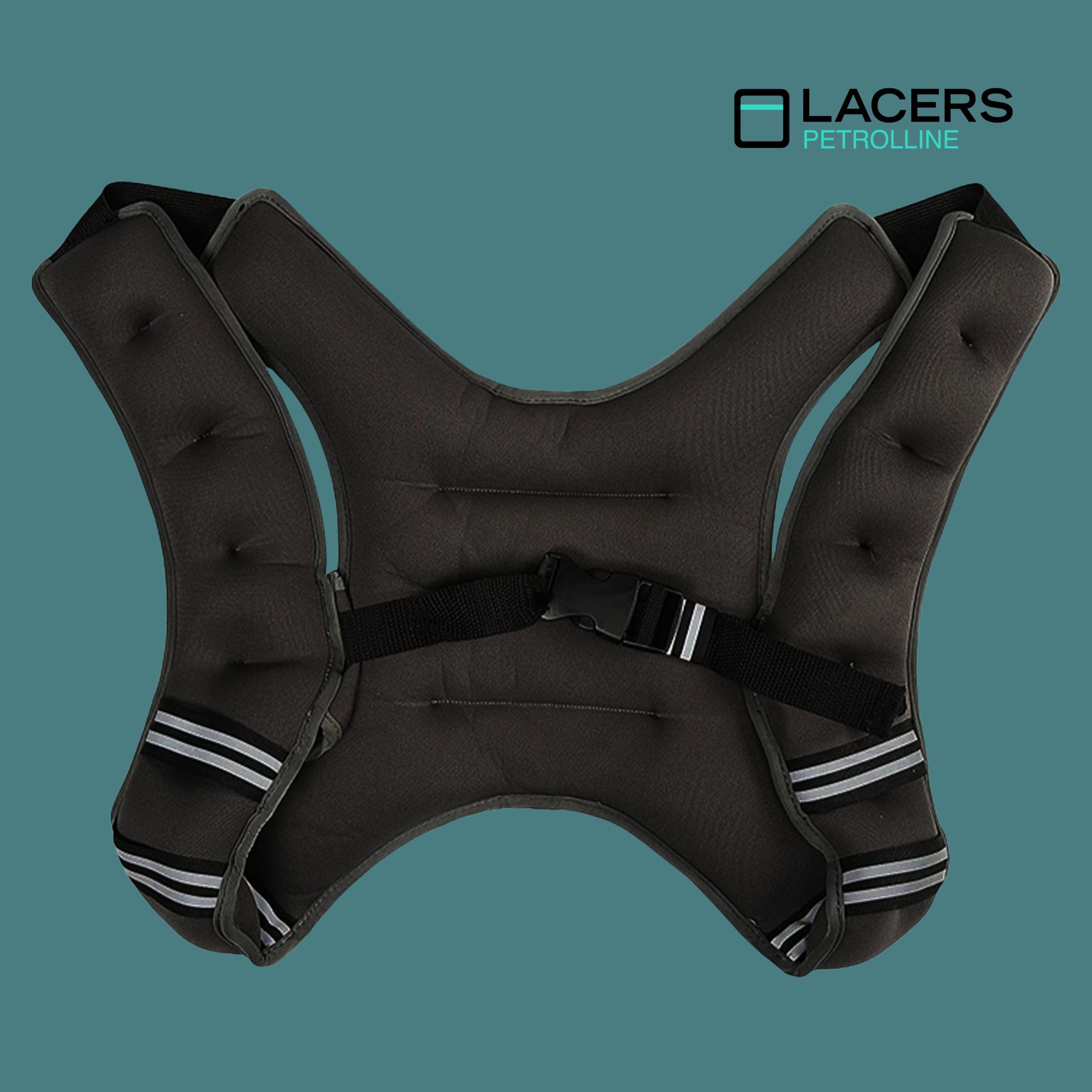 Lacers Petrolline verstellbare Gewichtsweste 3-10kg, Schwarz – für Fitness, Gymnastik, Krafttraining, CrossFit, Joggen – Neopren Laufweste mit Schulterpolstern und reflektierenden Streifen