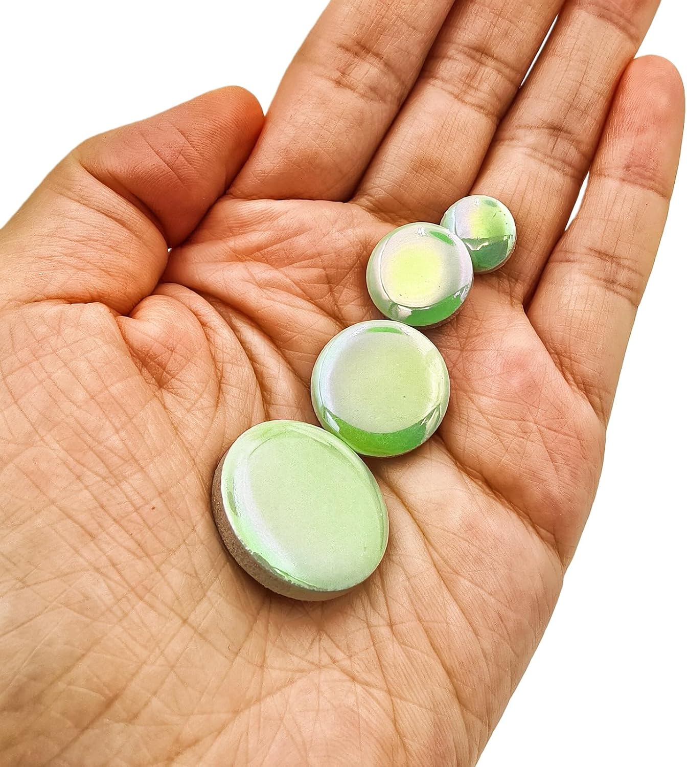 200g Iridescent Round Mosaic Tiles for Crafts Bulk, 11mm-23mm 4 Size Circular Mosaic Ceramic Pieces for Vases, Garden Decor, DIY Mosaic Making (Green) image 3