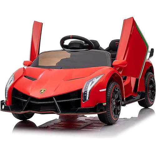 Sopbost Ride on Electric Car Compatible with Lamborghini 12V 4WD Ride on Toy Car with Remote Control for Girls Boys Battery Powered Electric Vehicle Sports Car for Kids, Hydraulic Doors, Music, Red