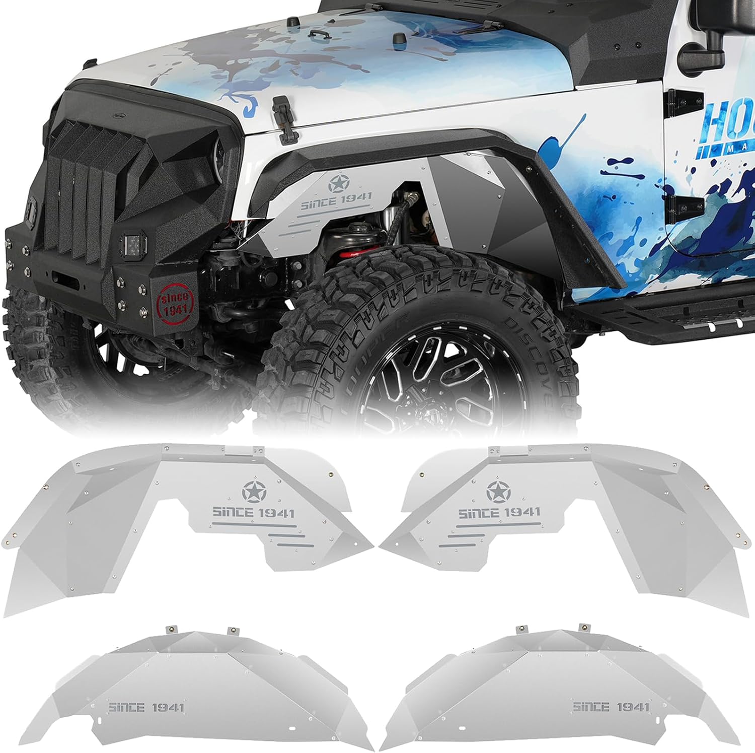 Hooke Road Aluminum JK Front & Rear Inner Fender Liners Set for 2007-2018 Jeep Wrangler JK JKU Unlimited Sport Sahara Rubicon 2/4 Doors, 4 PCS Wheel Well Liner Mud Guard Cover - Silver White
